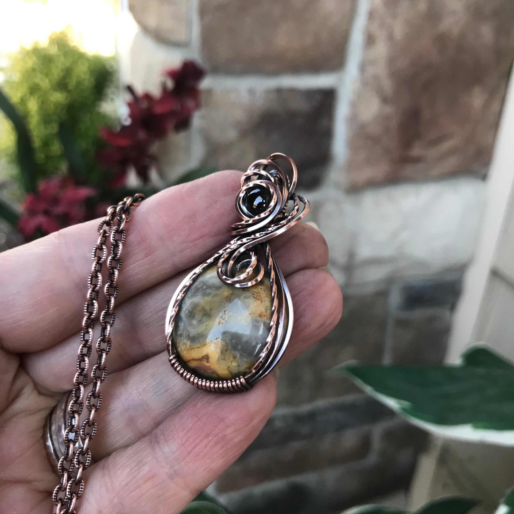 Crazy Lace Agate & Garnet Copper Necklace