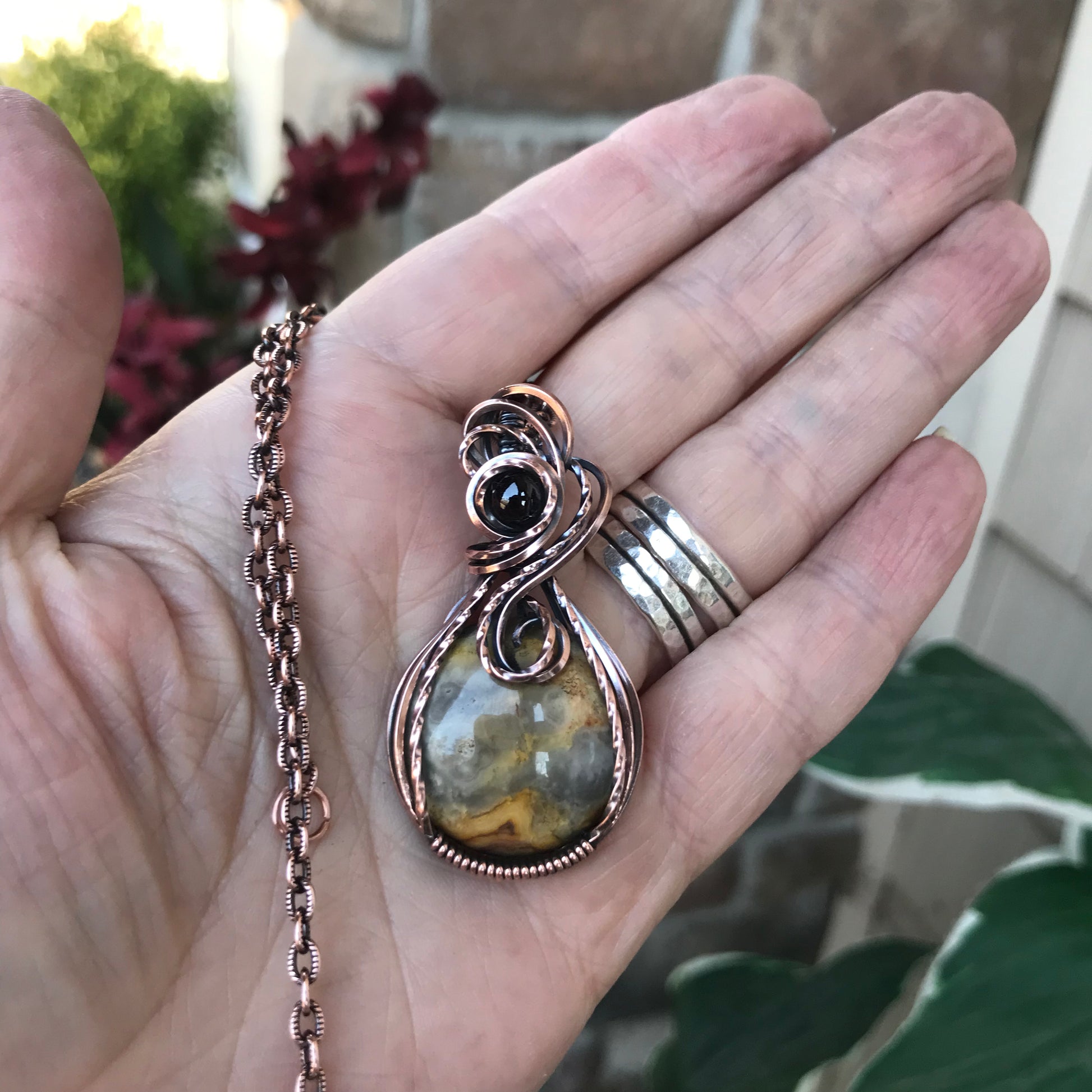 Crazy Lace Agate & Garnet Copper Necklace