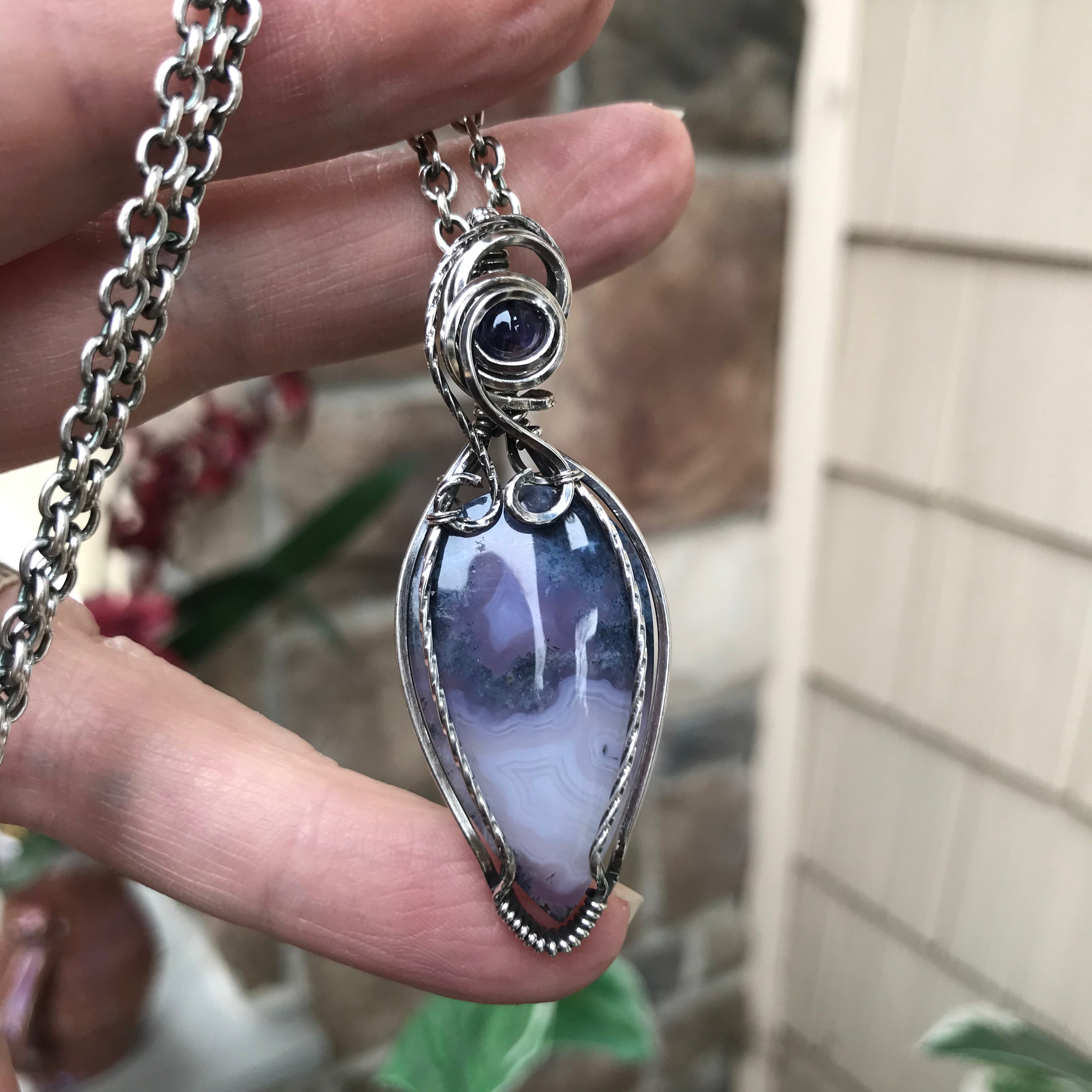 Purple Moss Agate Chalcedony w/Blue Iolite Sterling Silver Necklace