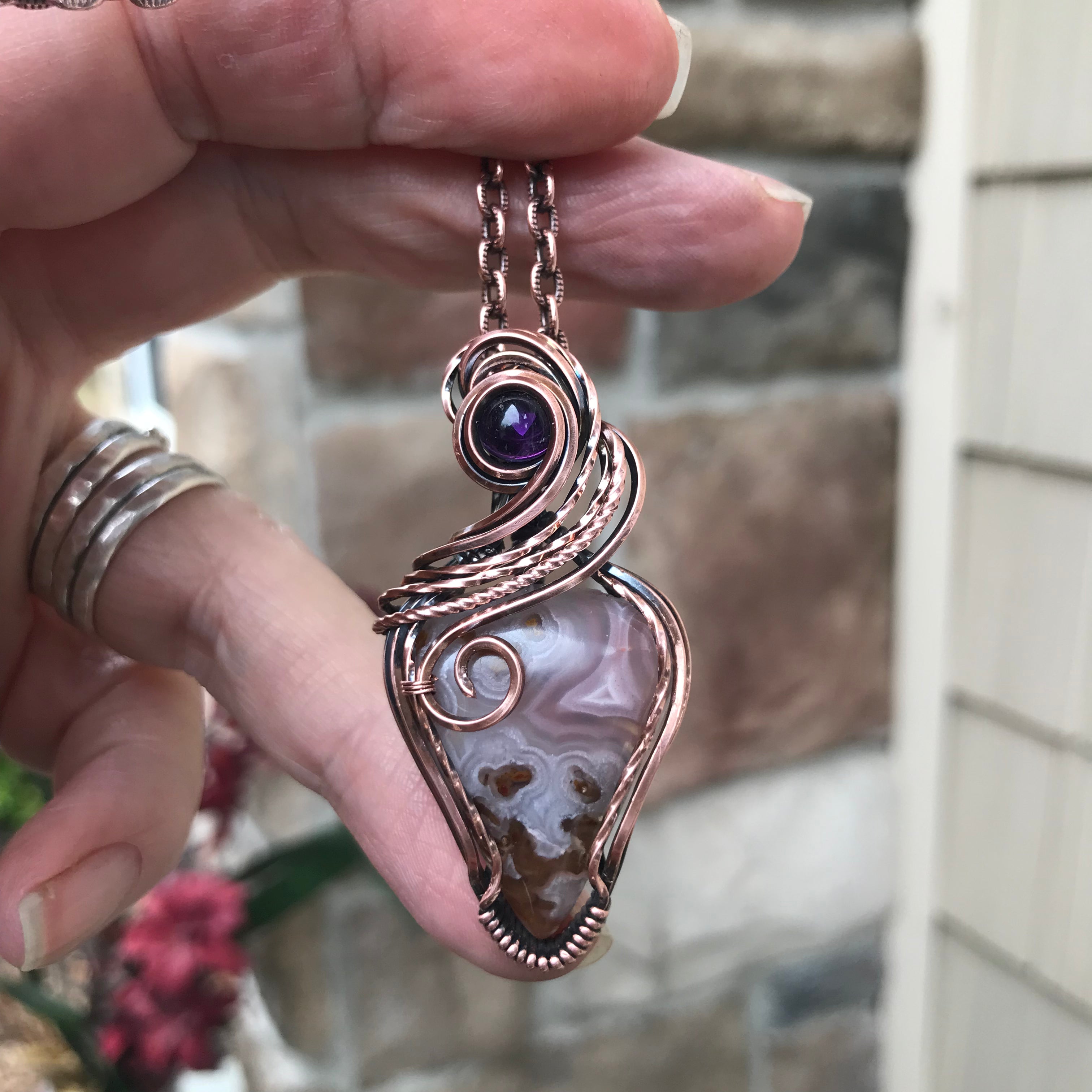 Pink Plume Moss Agate (Agua Nueva) w/Amethyst Copper Pendant