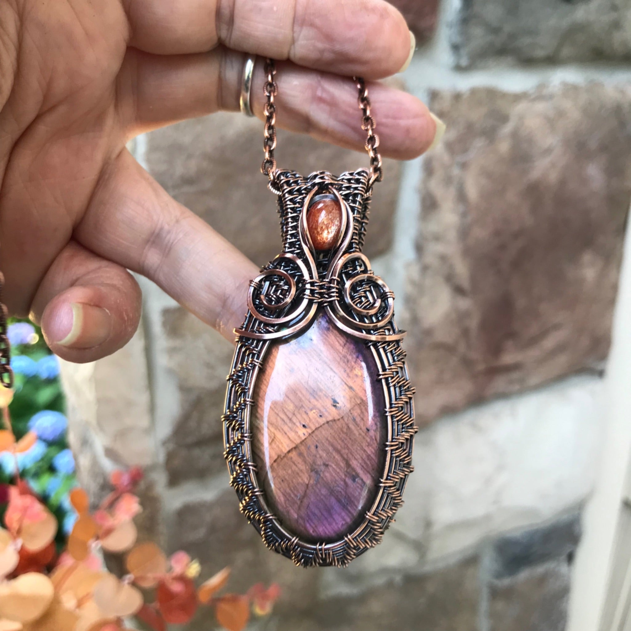 Sunset Pink Orange Labradorite & Sunstone Copper Woven Pendant