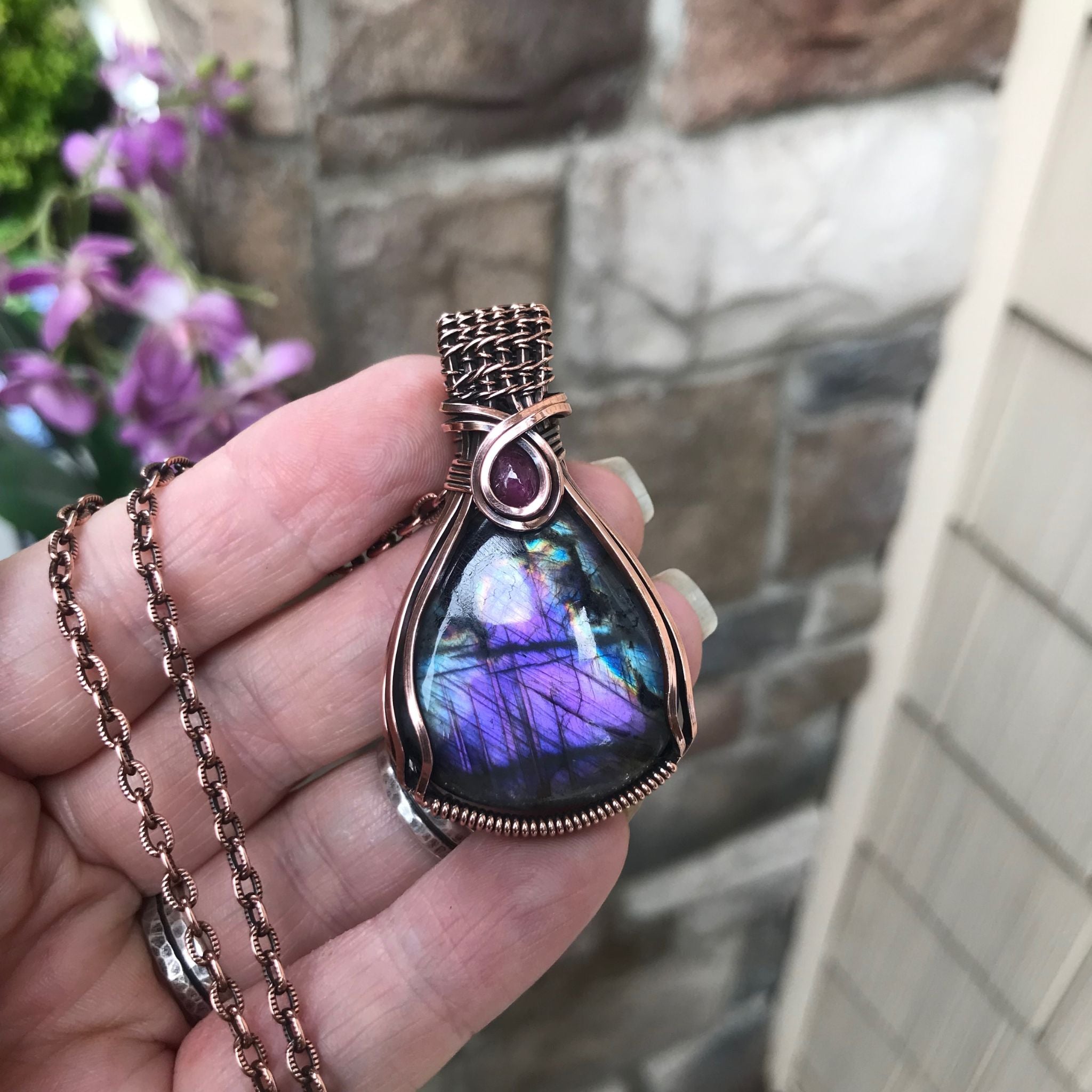 Purple Blue Labradorite & Ruby Copper Pendant with Woven Bail