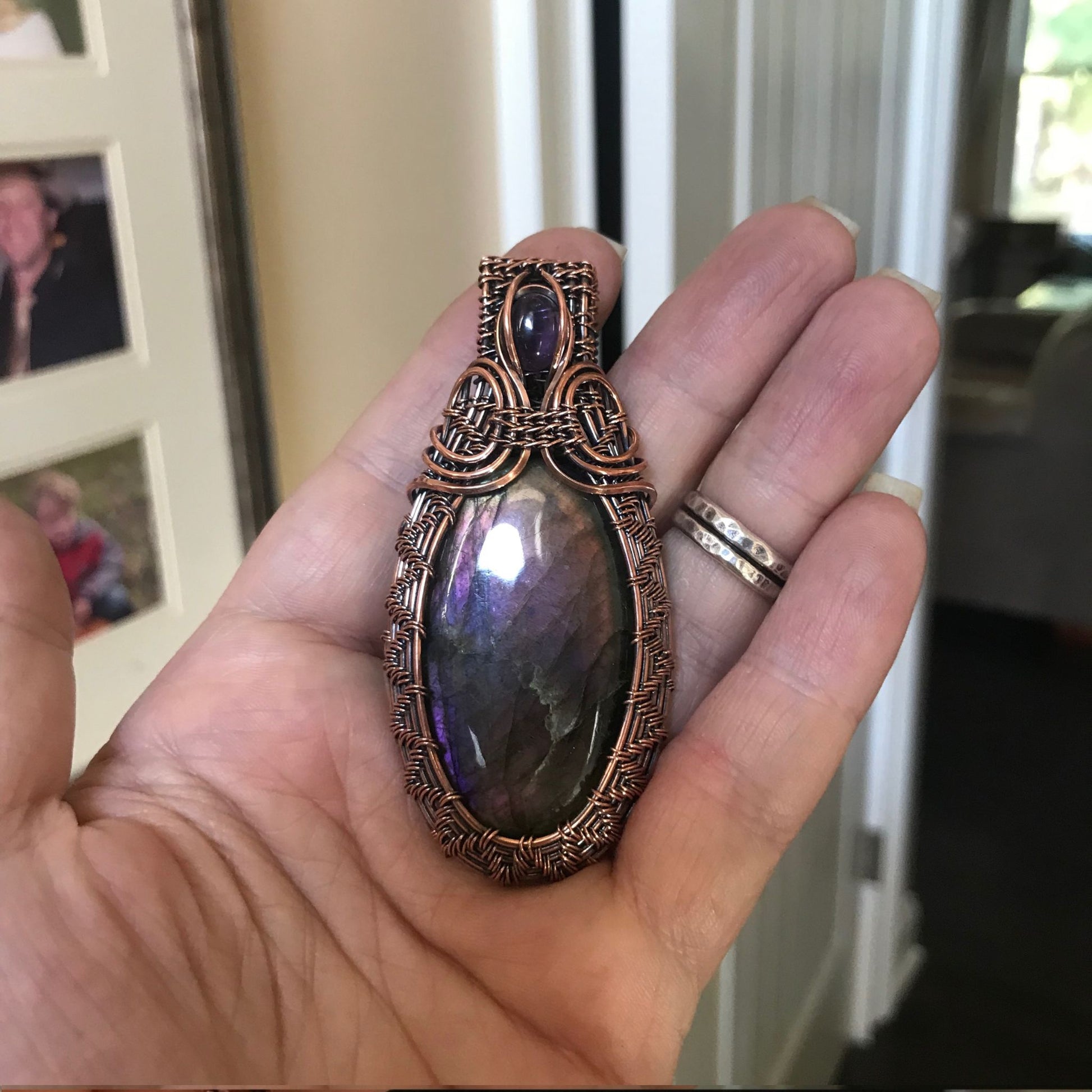 Sunset Purple Labradorite & Amethyst Copper Woven Pendant