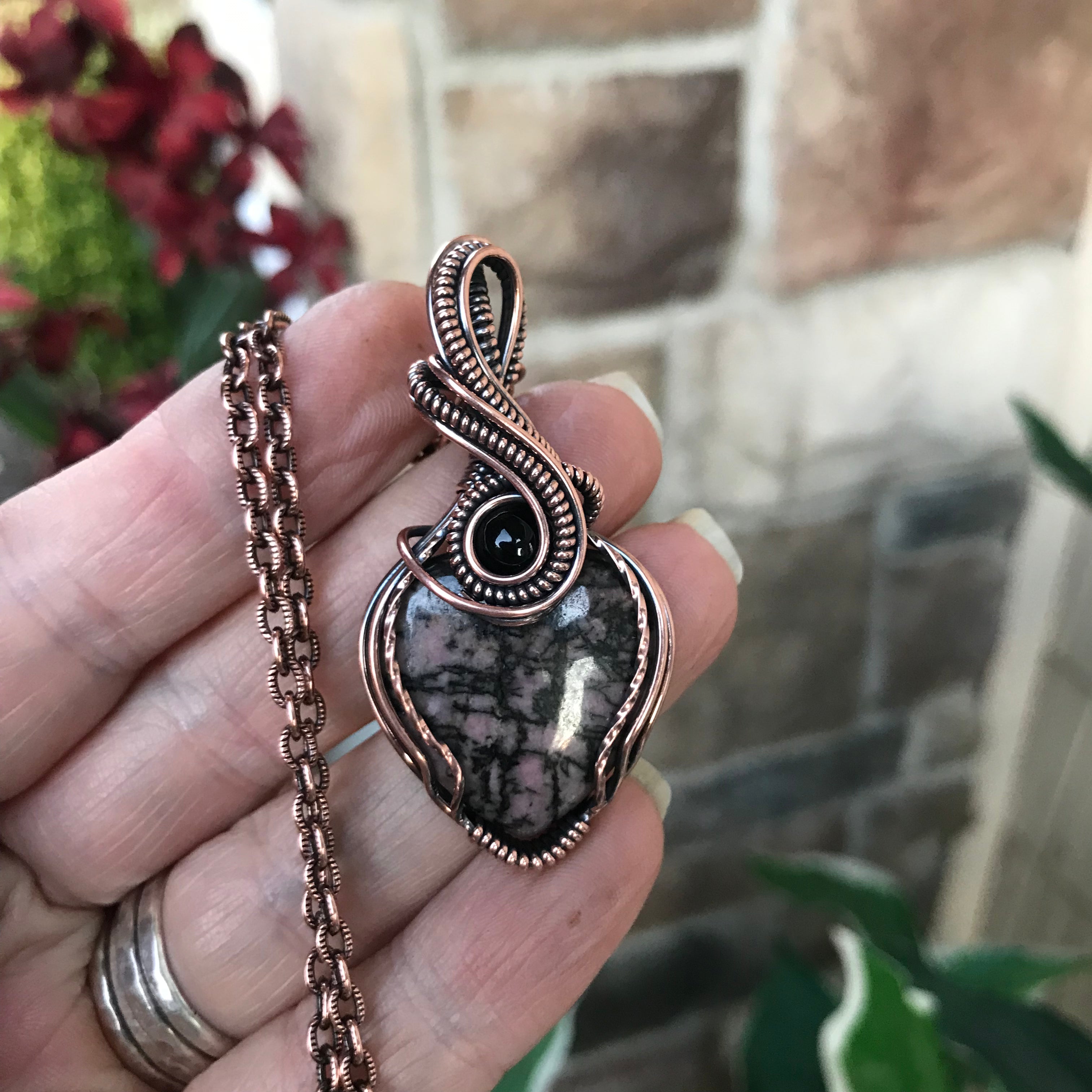 Rhodonite & Black Onyx with Textured Swirls Copper Pendant