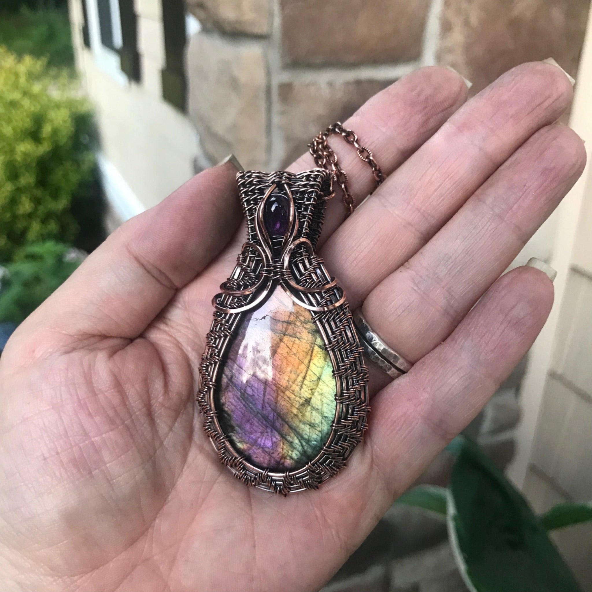 Rainbow Labradorite & Amethyst Copper Woven Pendant