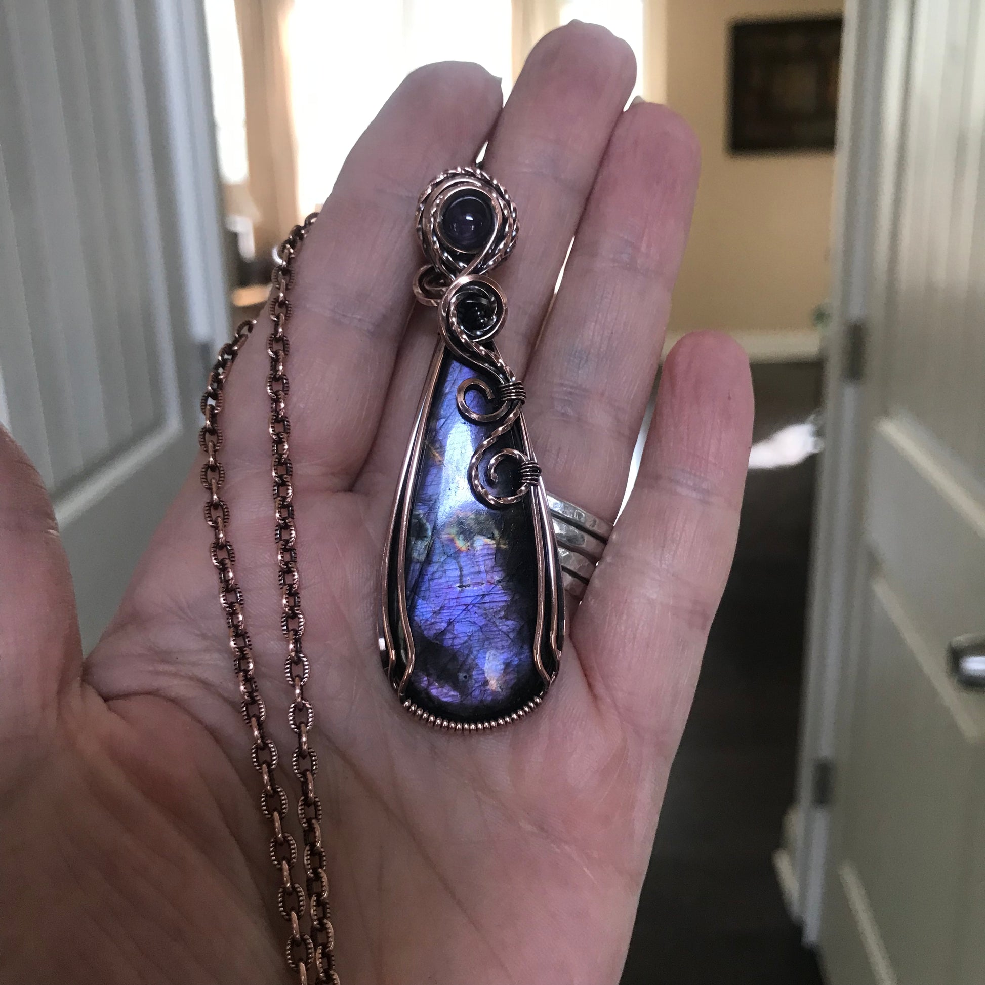 Purple Labradorite & Amethyst Slender Teardrop Copper Pendant