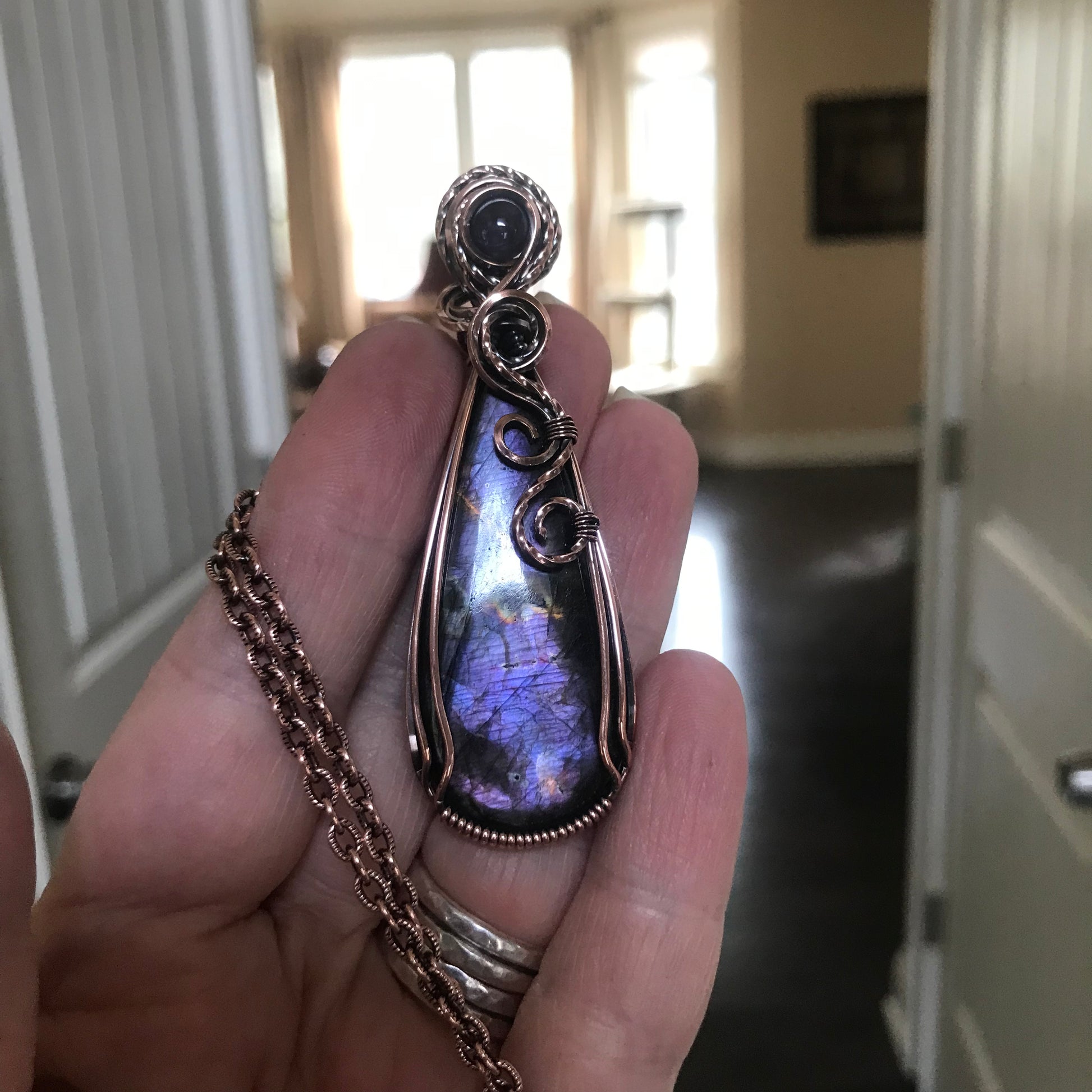 Purple Labradorite & Amethyst Slender Teardrop Copper Pendant