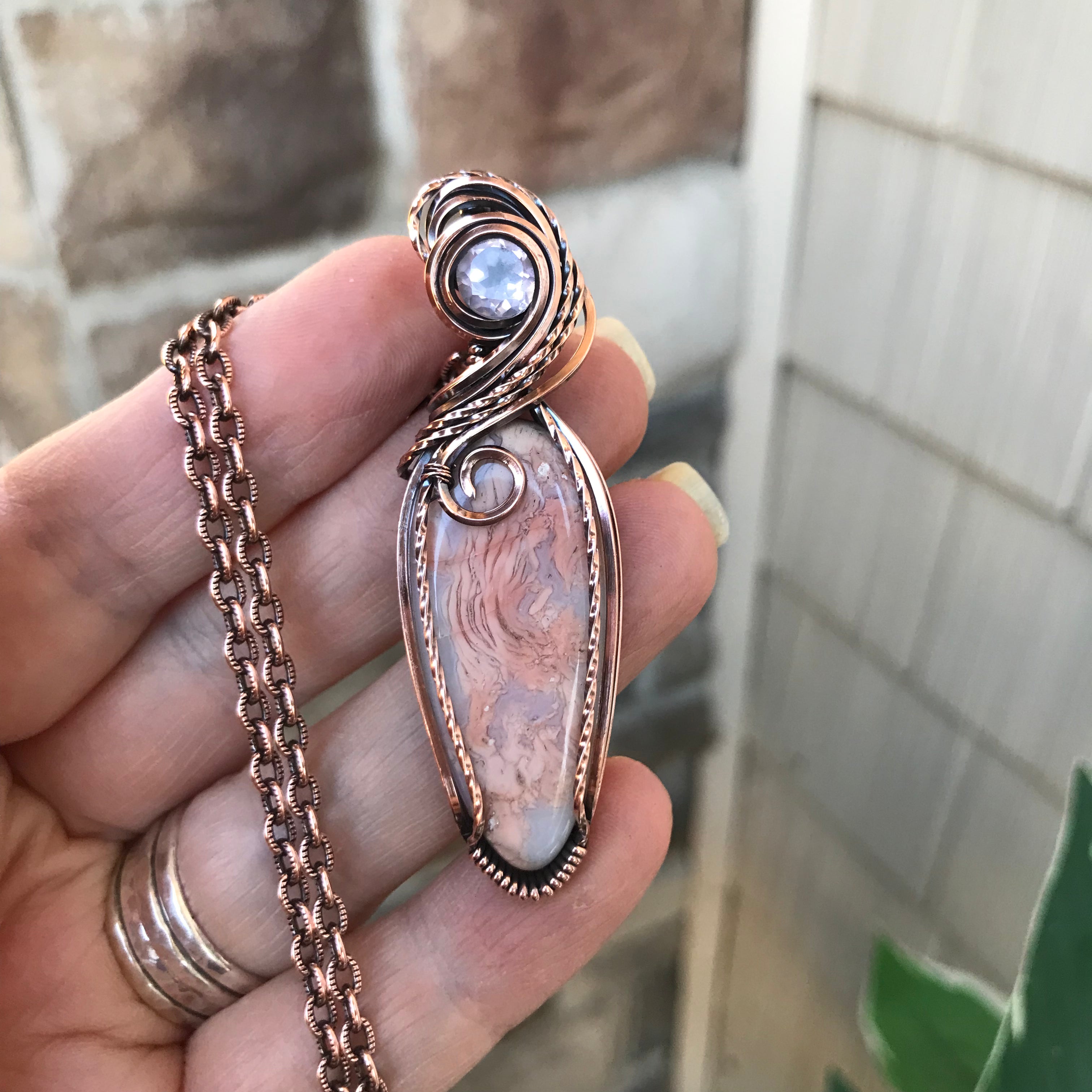 Cotton Candy Agate & Faceted Rose Quartz Copper Pendant