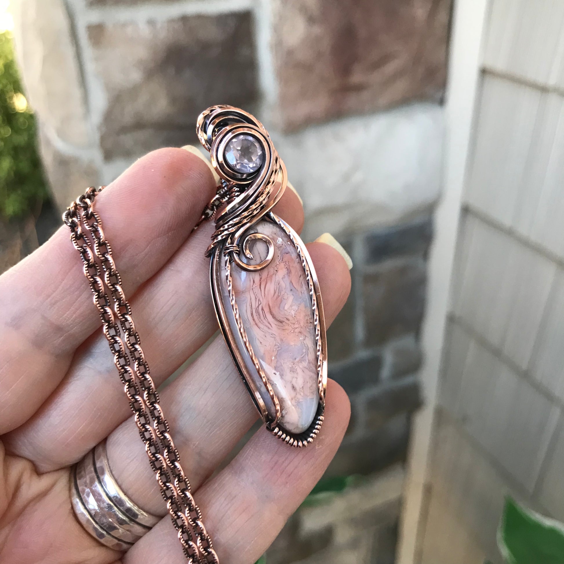 Cotton Candy Agate & Faceted Rose Quartz Copper Pendant