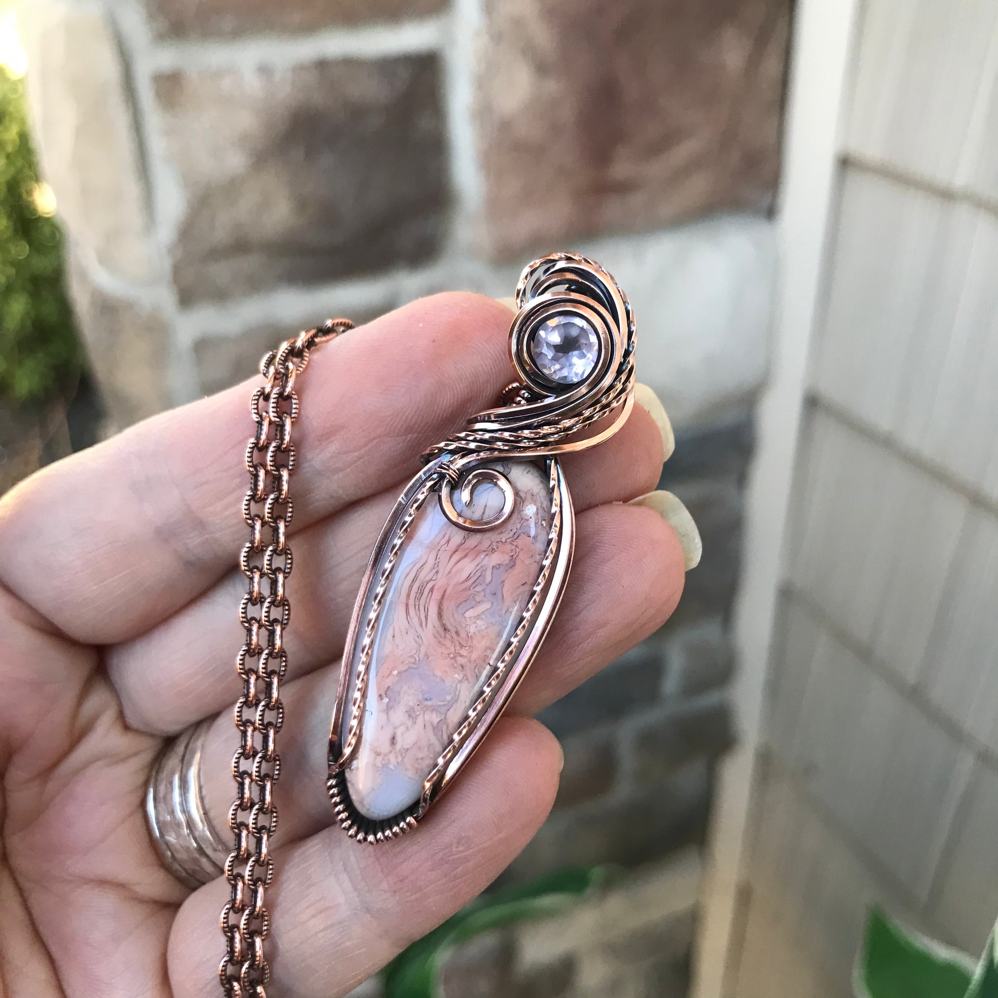 Cotton Candy Agate & Faceted Rose Quartz Copper Pendant