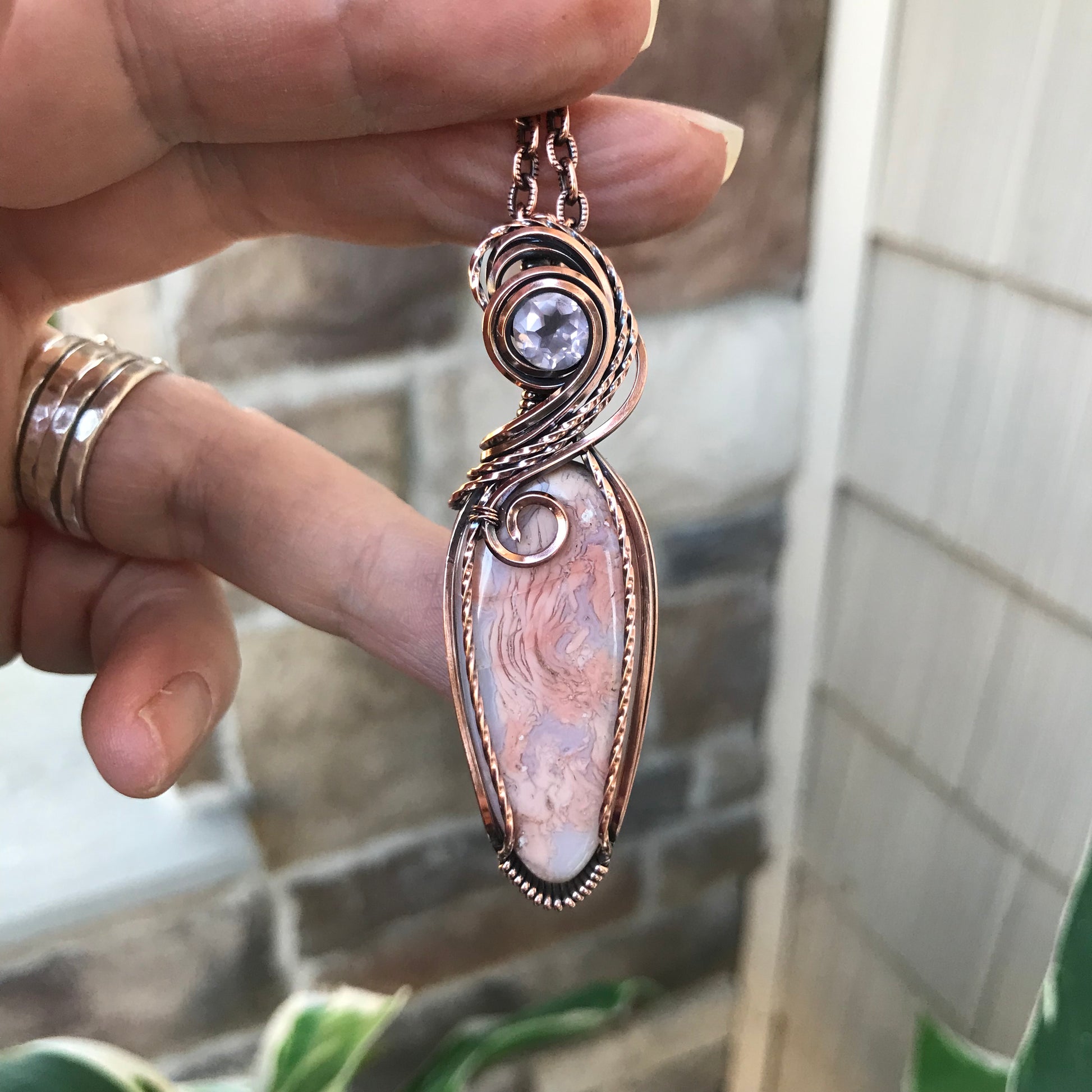 Cotton Candy Agate & Faceted Rose Quartz Copper Pendant