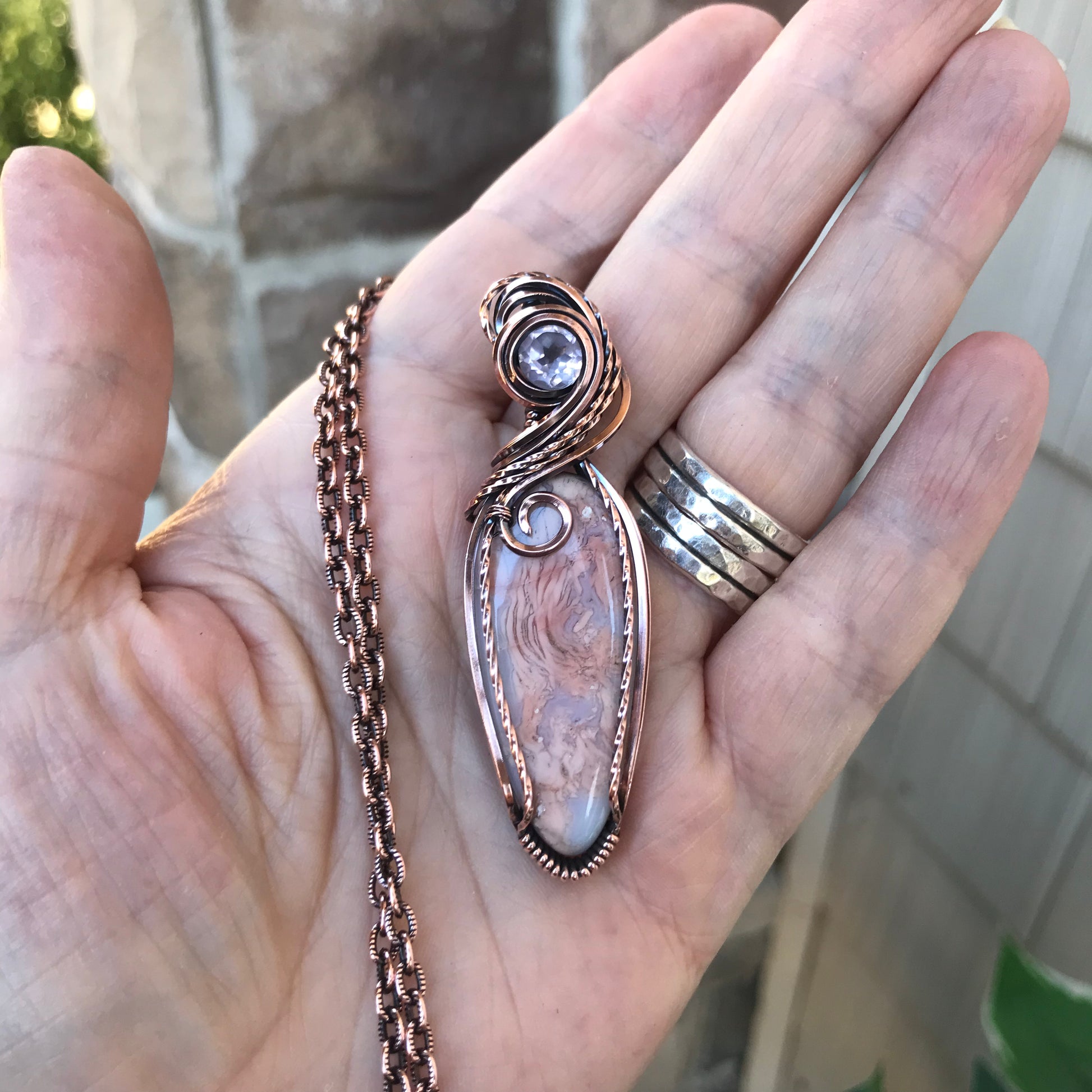 Cotton Candy Agate & Faceted Rose Quartz Copper Pendant