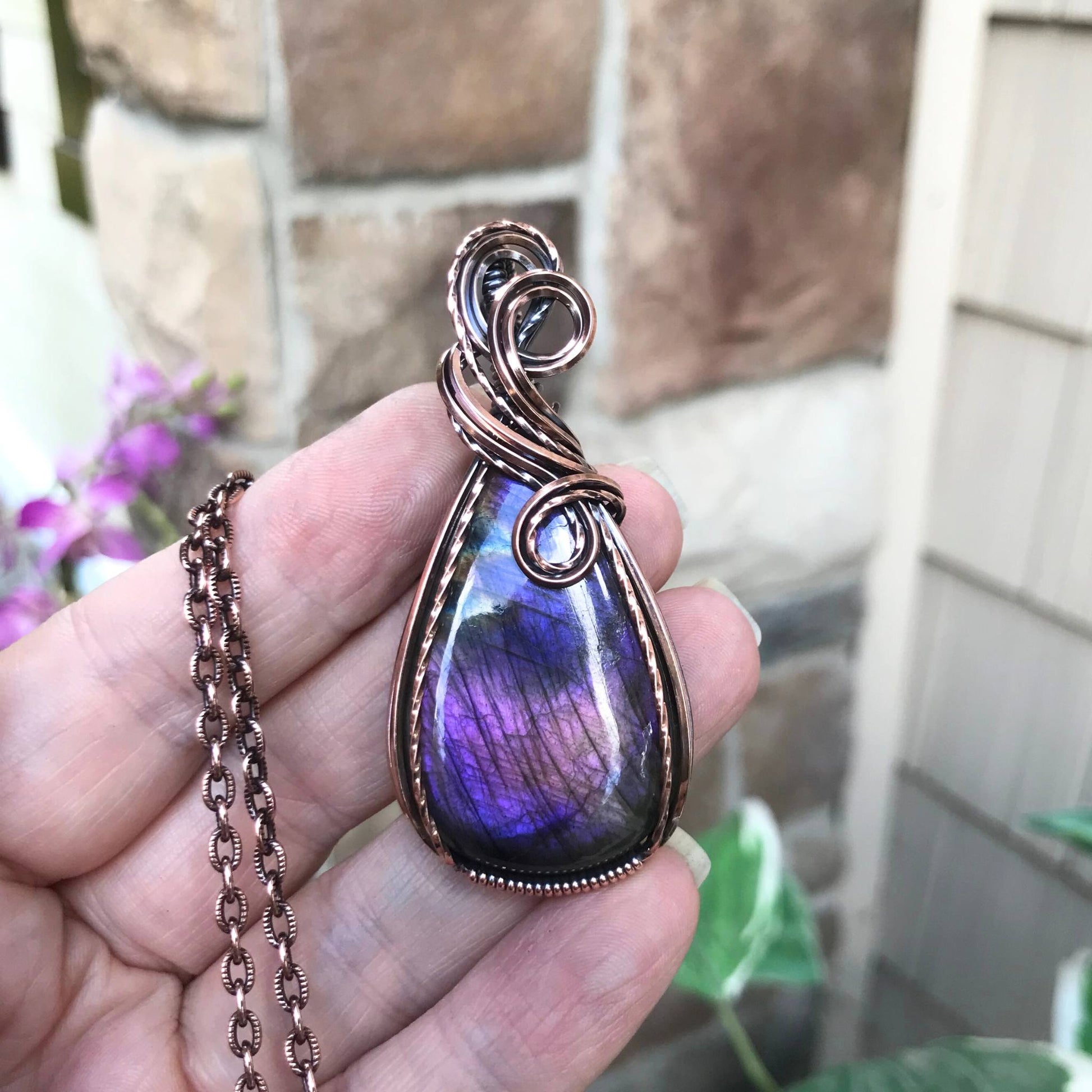 Purple & Pink Labradorite Swirly Copper Pendant