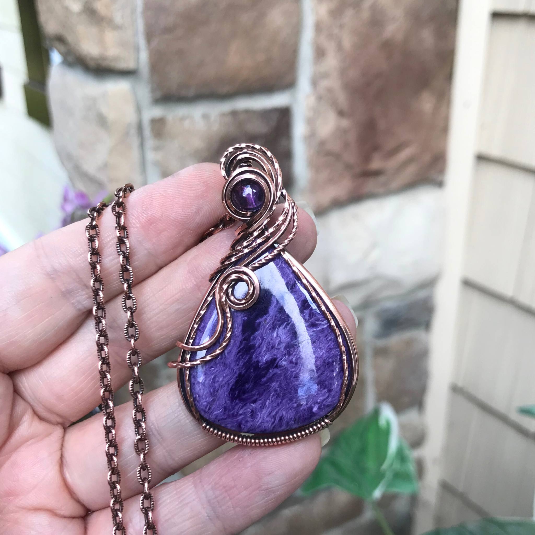 Charoite & Amethyst Copper Necklace with Swirls