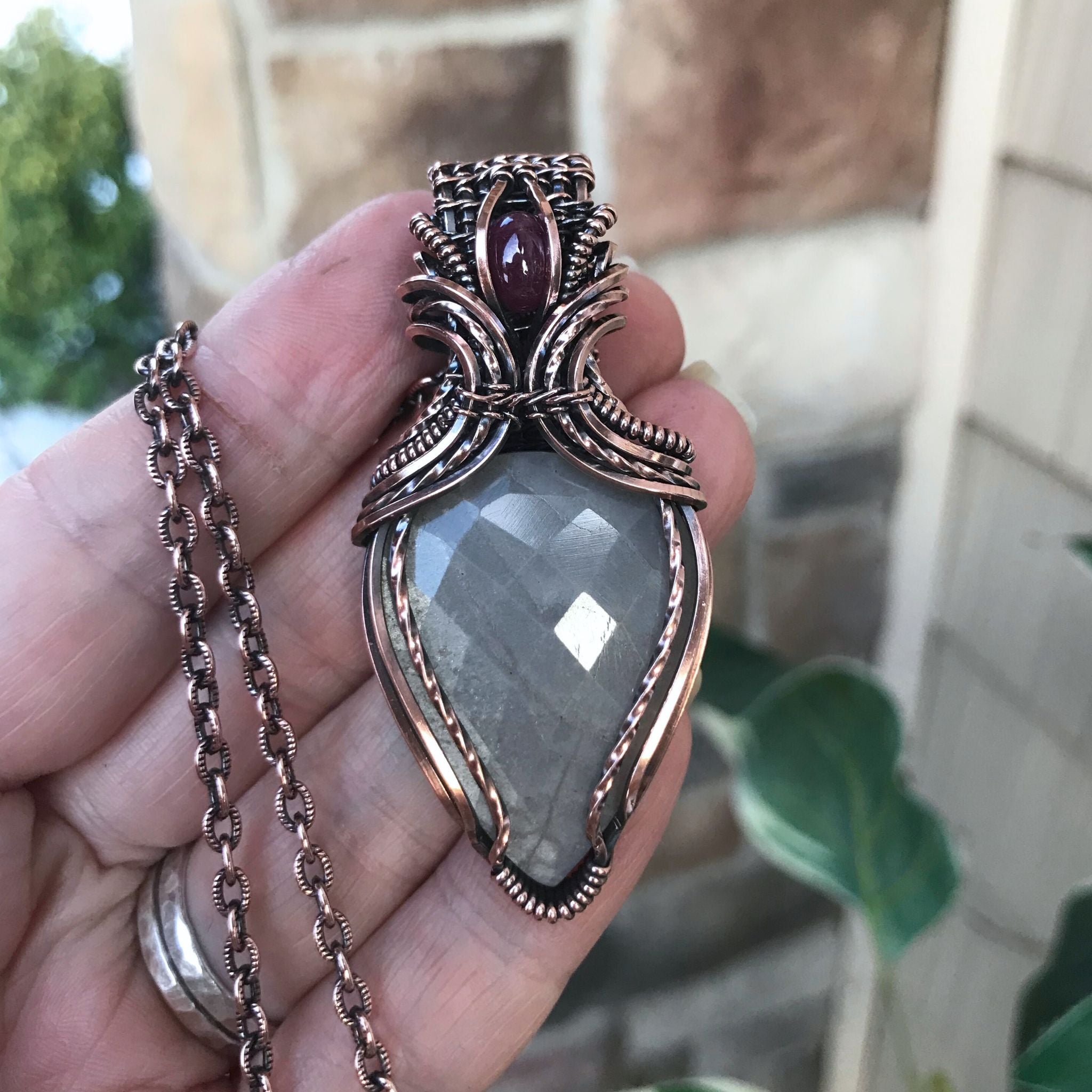 Gray Faceted Moonstone & Ruby Copper Pendant