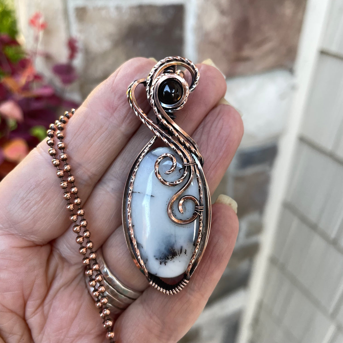 Dendritic Agate Opal & Smoky Quartz Copper Necklace