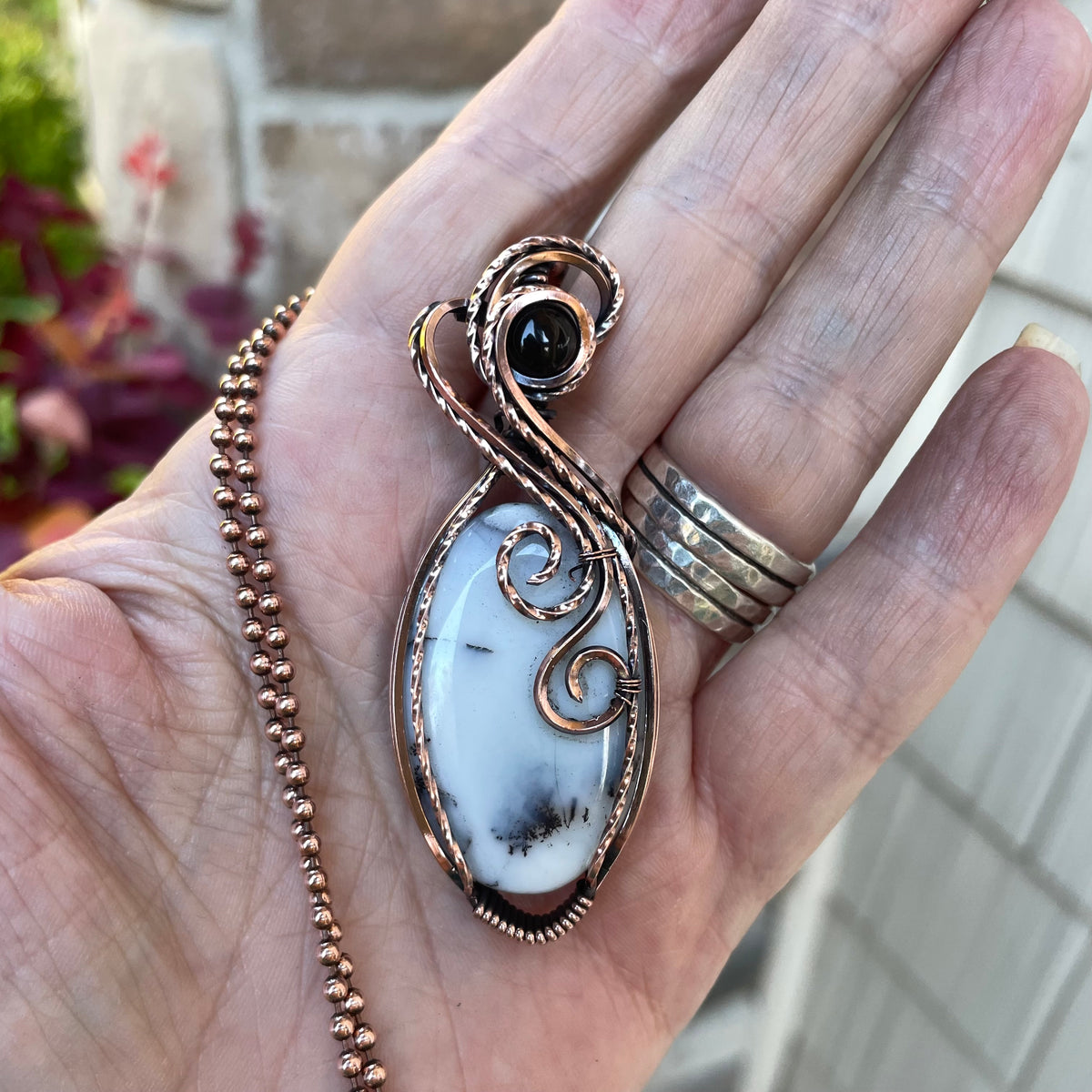 Dendritic Agate Opal & Smoky Quartz Copper Necklace