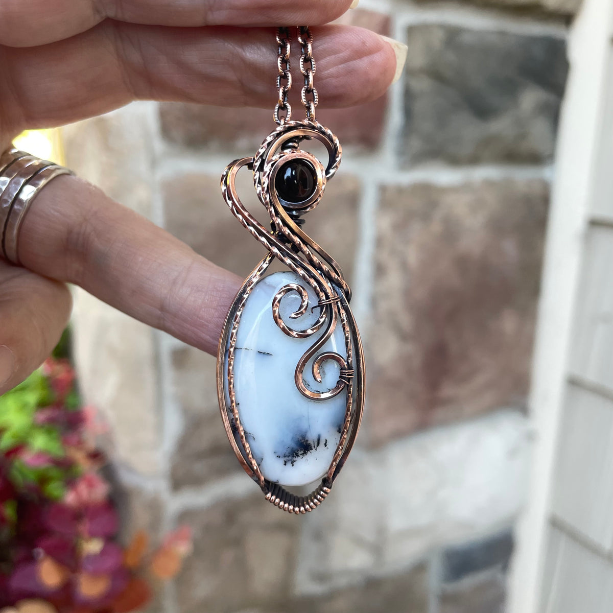 Dendritic Agate Opal & Smoky Quartz Copper Necklace