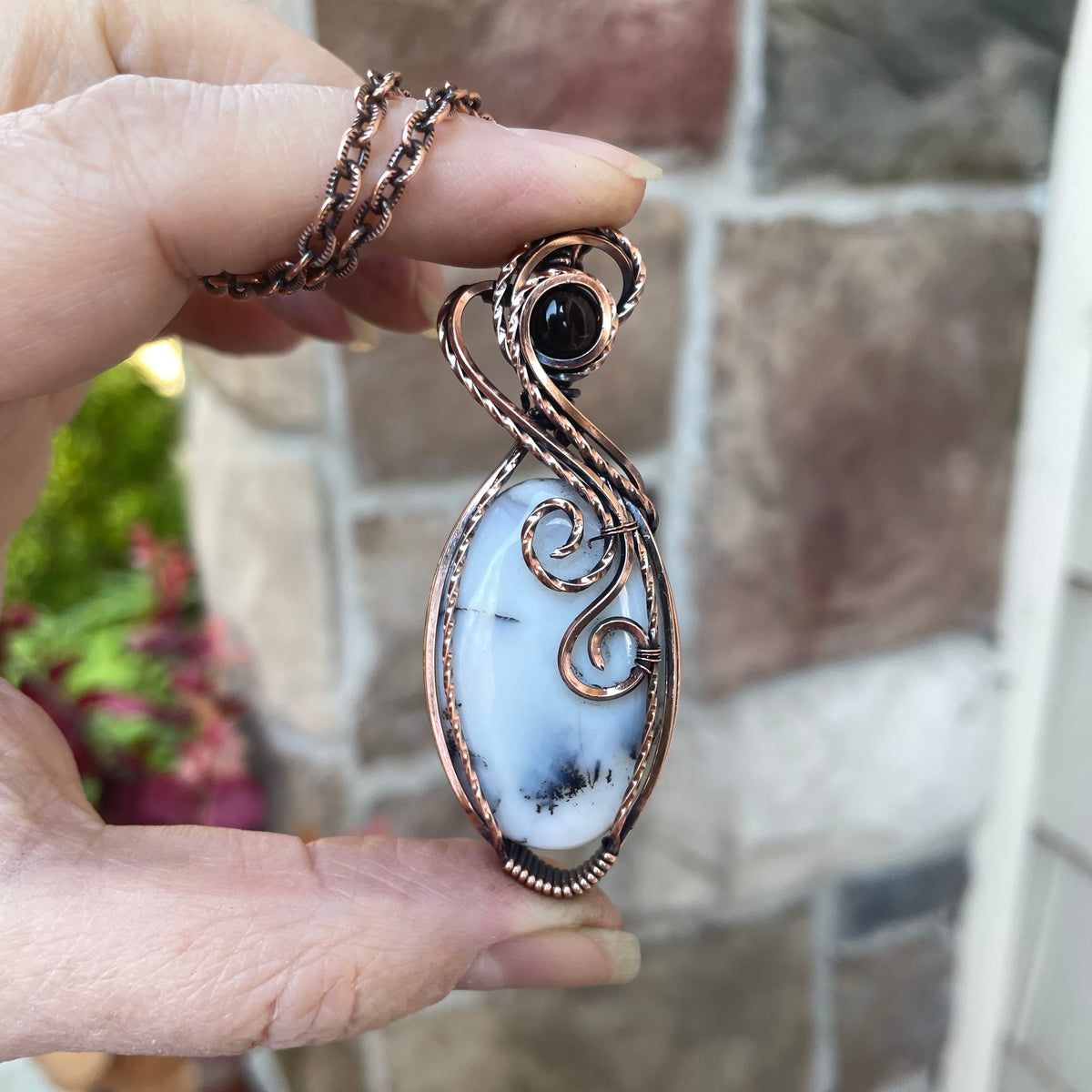 Dendritic Agate Opal & Smoky Quartz Copper Necklace