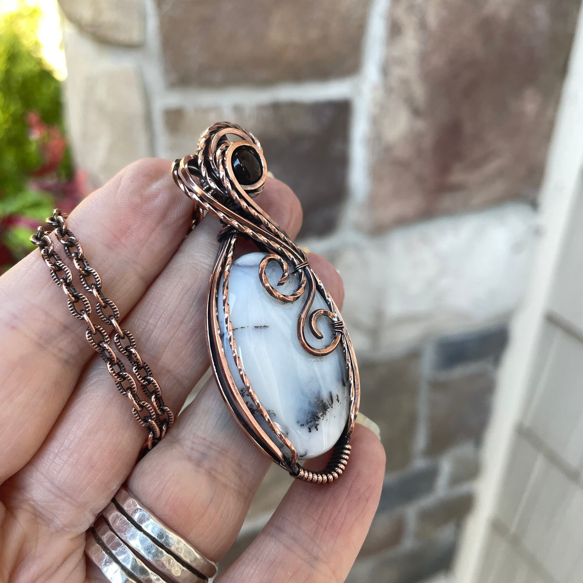 Dendritic Agate Opal & Smoky Quartz Copper Necklace