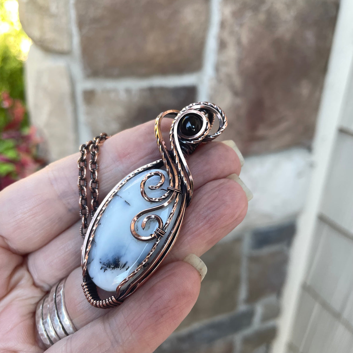 Dendritic Agate Opal & Smoky Quartz Copper Necklace