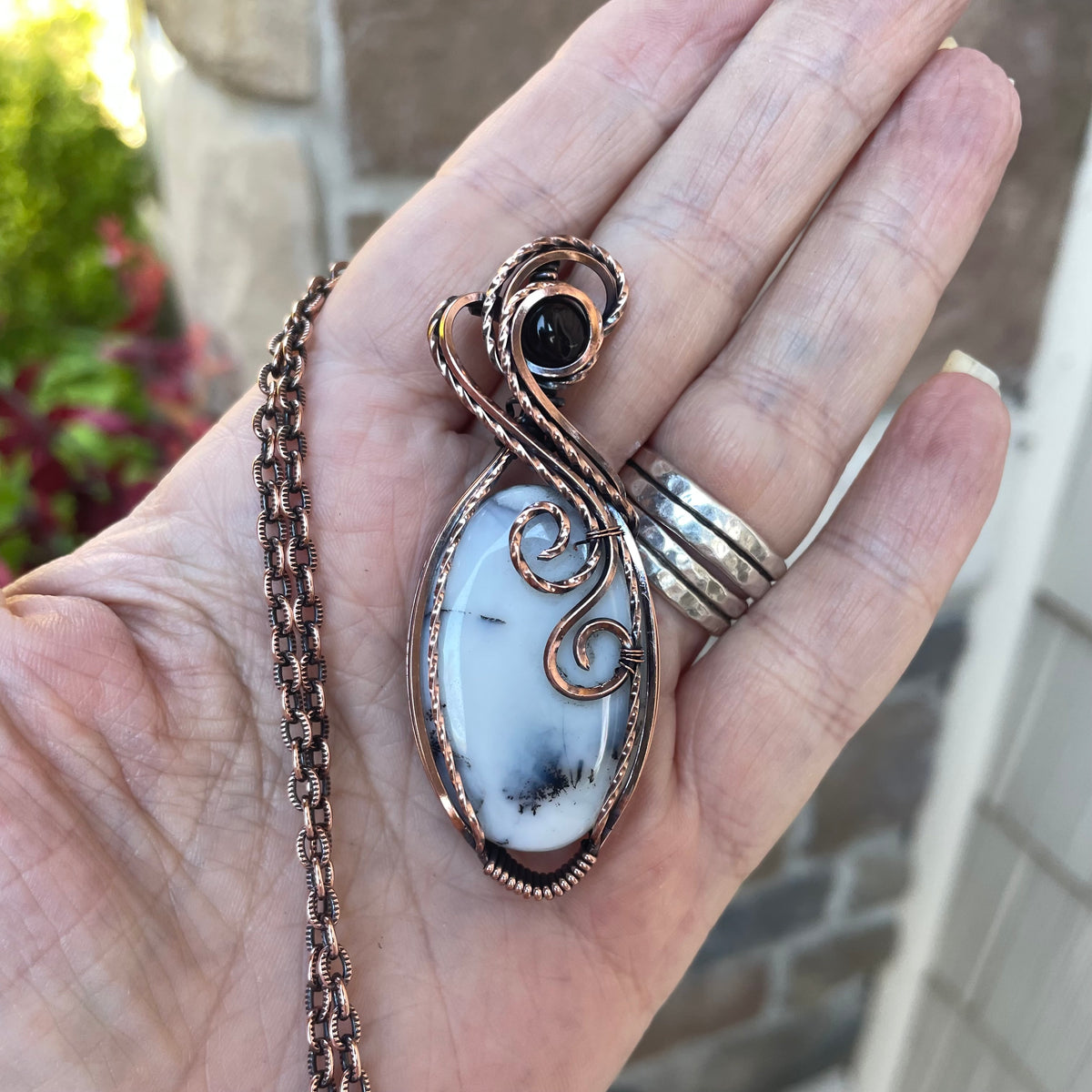 Dendritic Agate Opal & Smoky Quartz Copper Necklace
