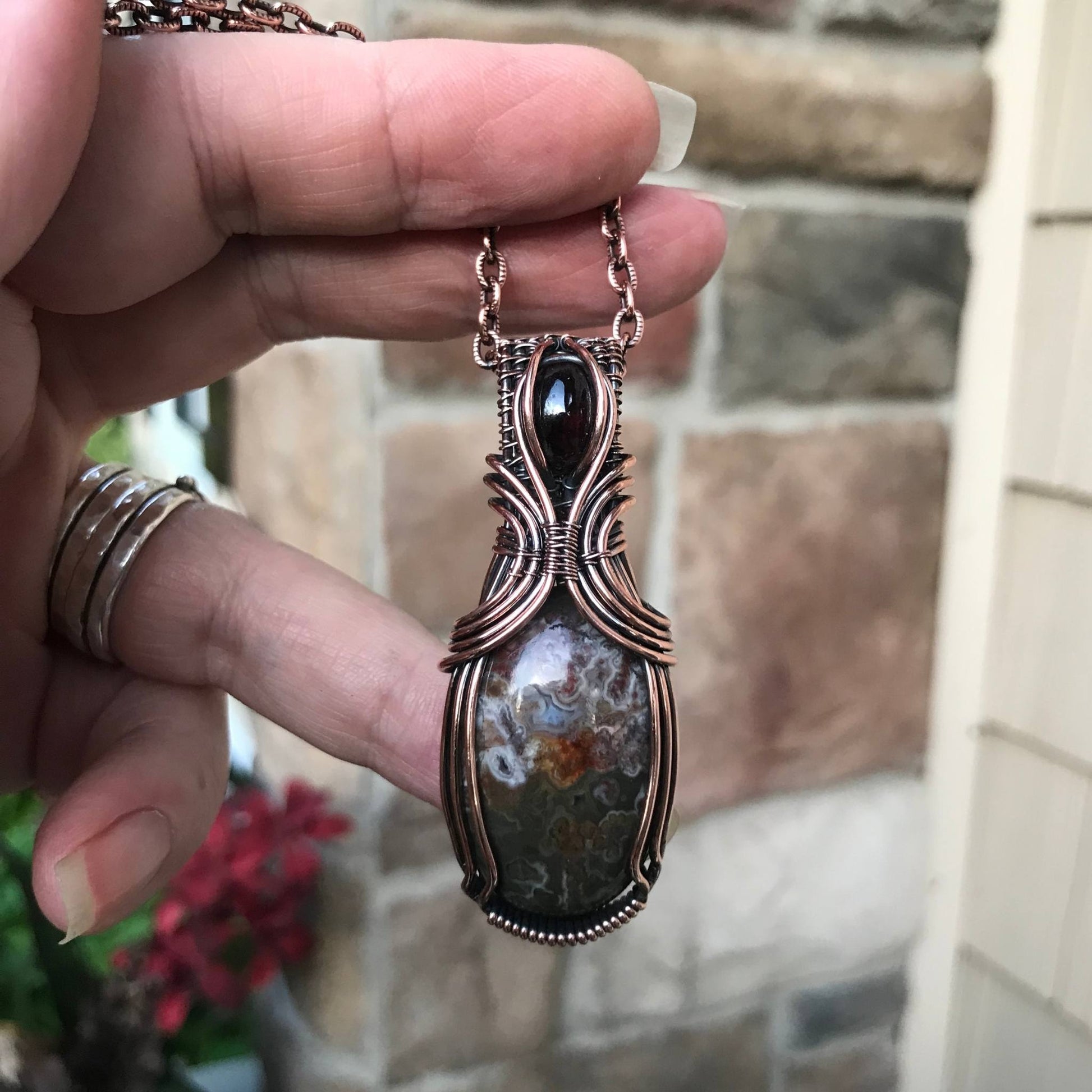 Green Mexican Crazy Lace Agate & Garnet Woven Bail Copper Pendant