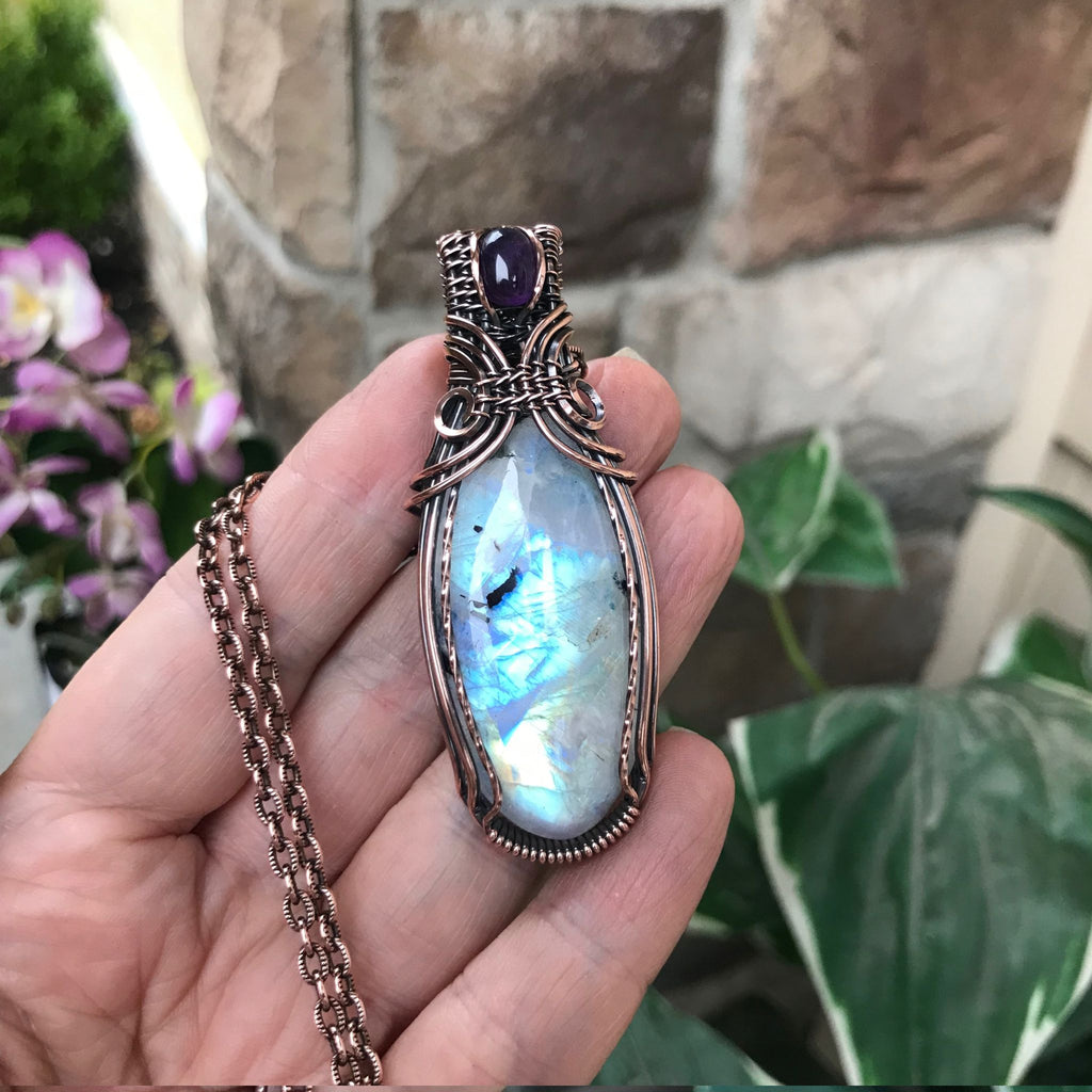 moonstone amethyst oval copper necklace