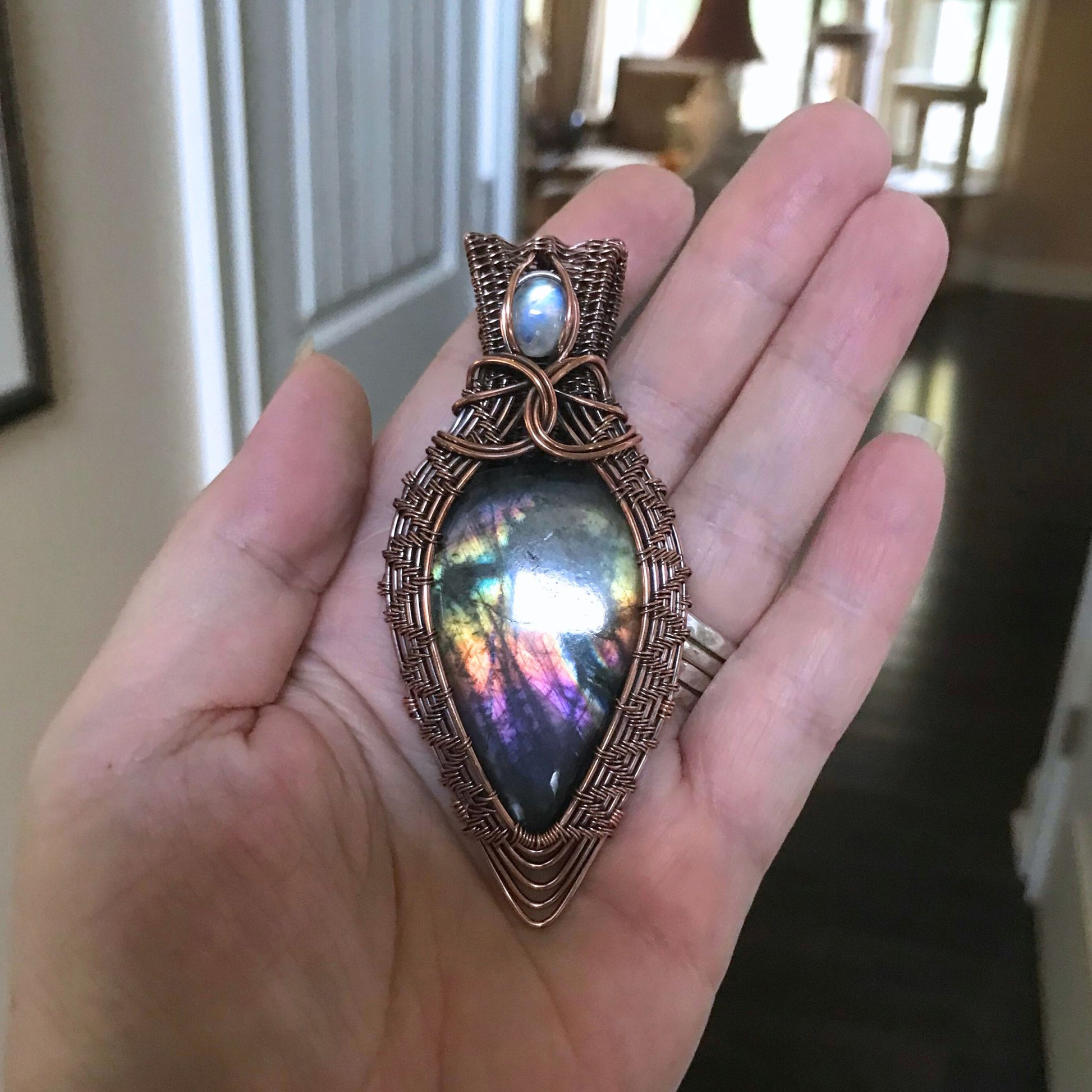Rainbow Labradorite & Moonstone Copper Wire Weave Pendant