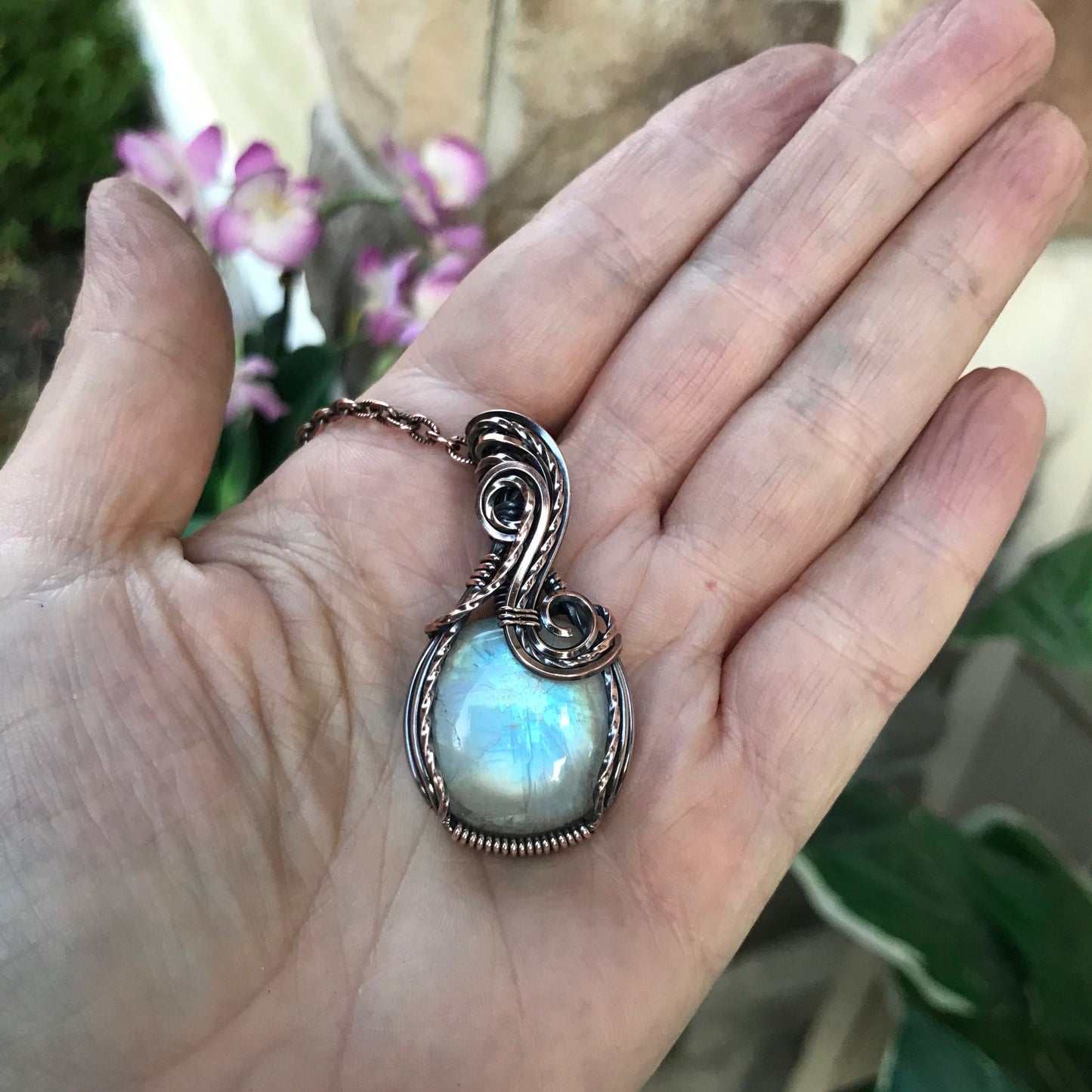 moonstone small round copper pendant