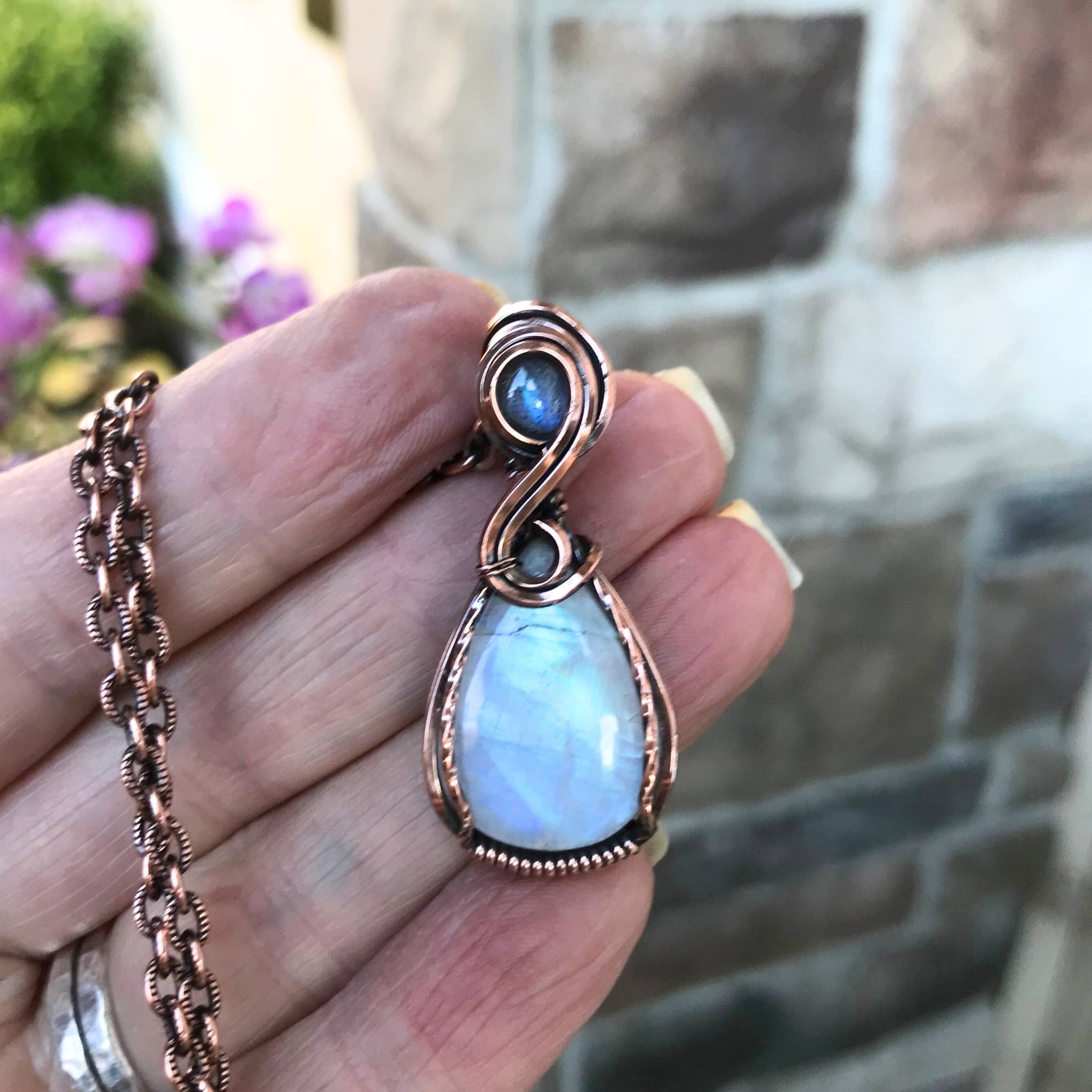 Rainbow Moonstone Small Copper Pendant