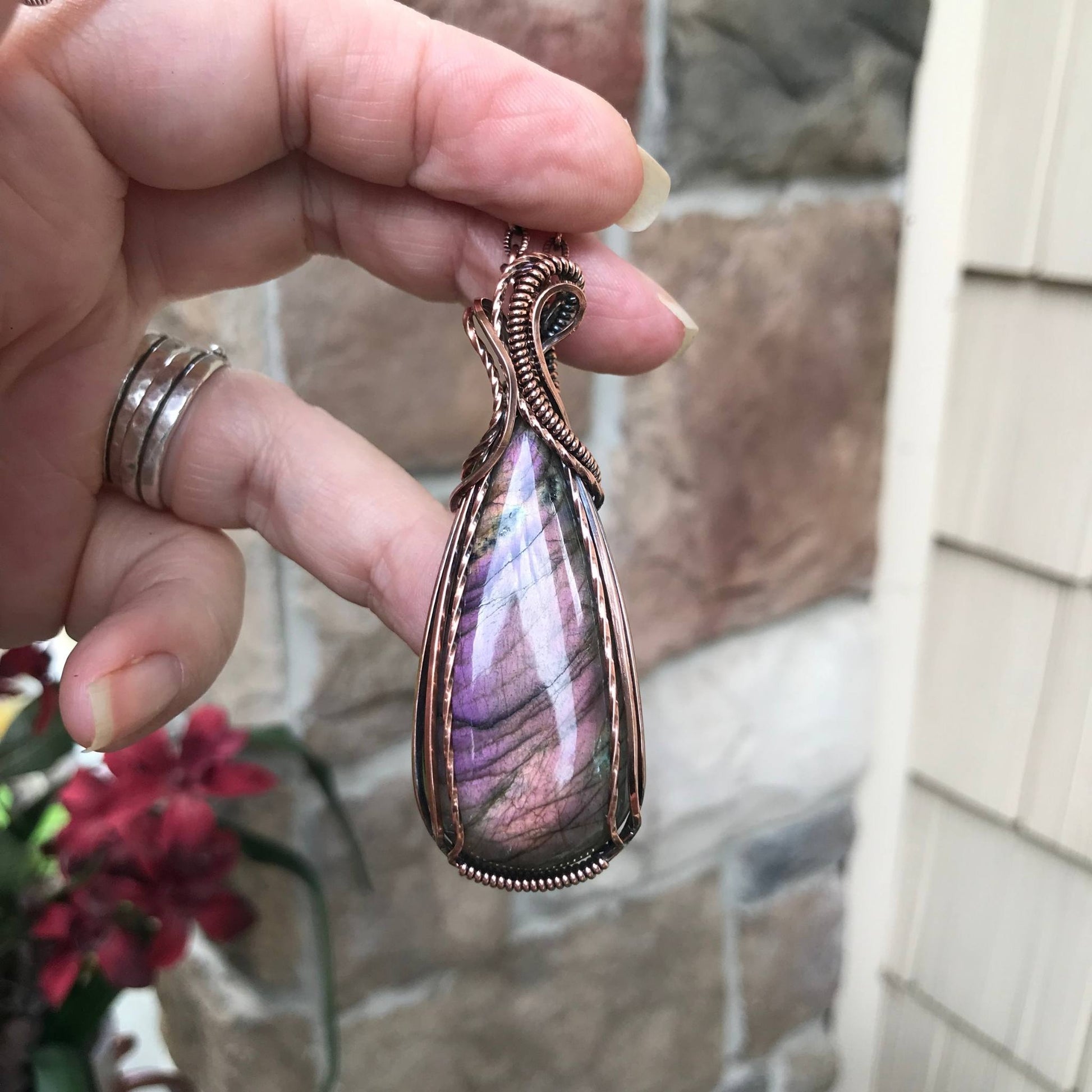 Orange amber purple labradorite slender copper wire wrapped pendant by Moonlet Jewelry