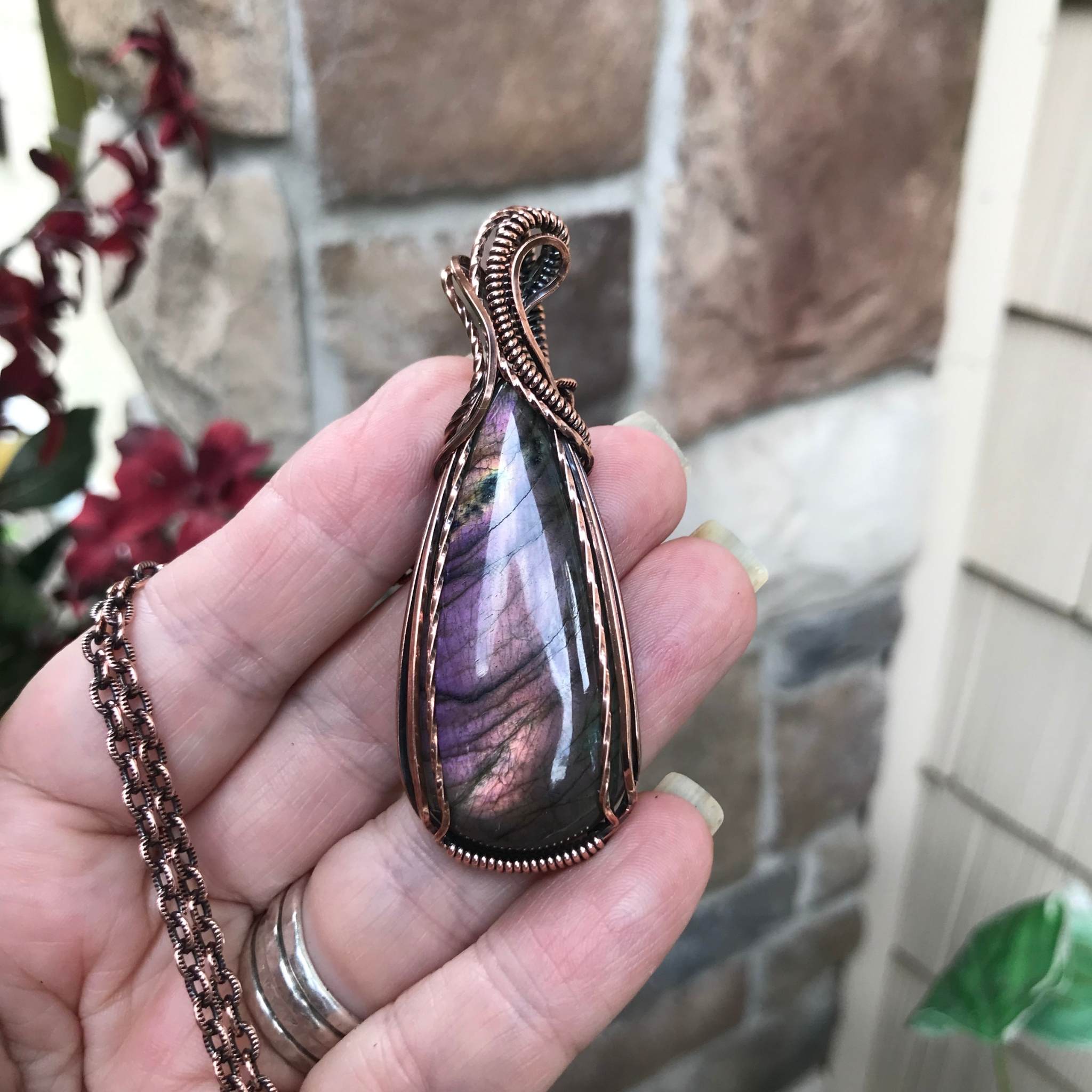 Orange amber purple labradorite slender copper wire wrapped pendant by Moonlet Jewelry