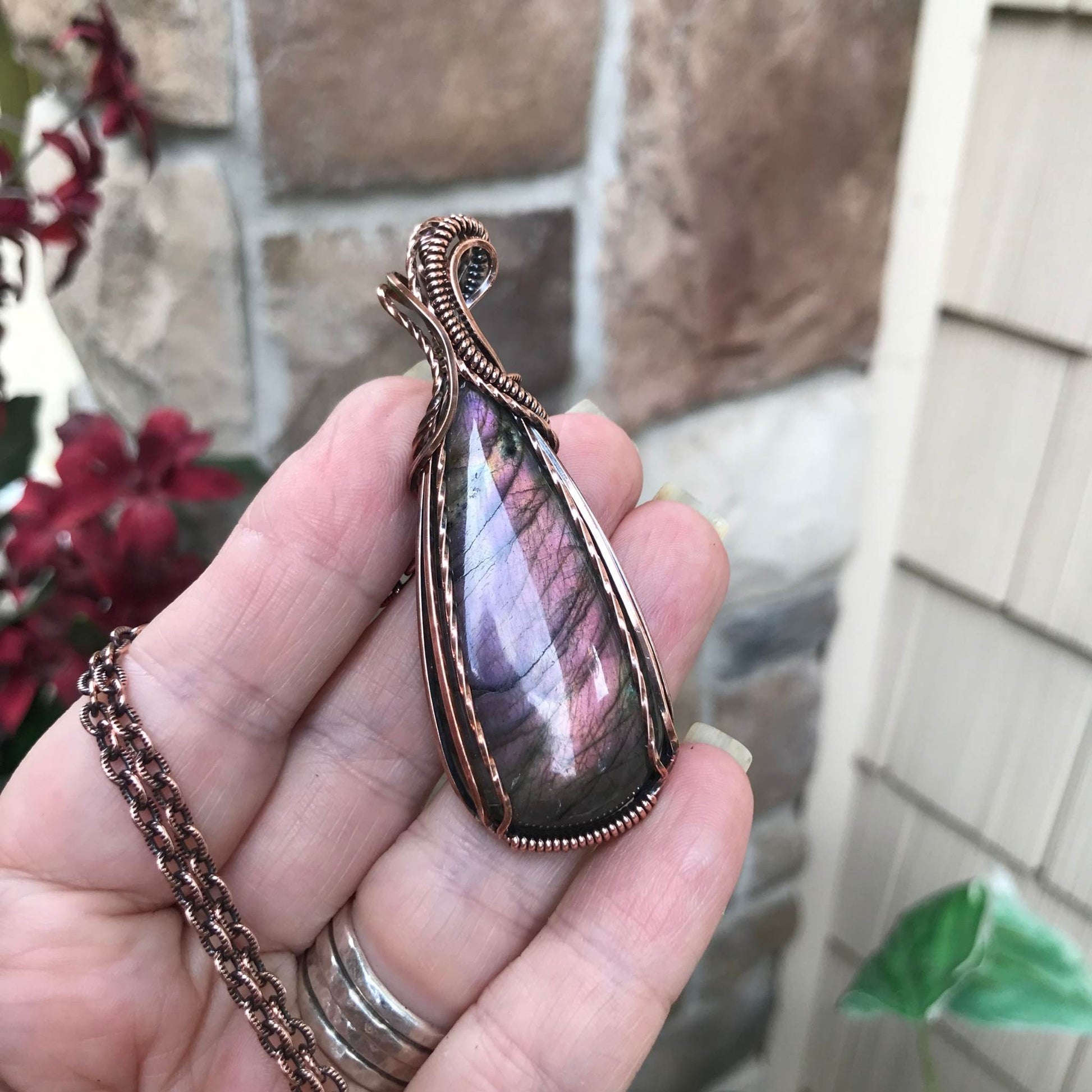 Orange amber purple labradorite slender copper wire wrapped pendant by Moonlet Jewelry