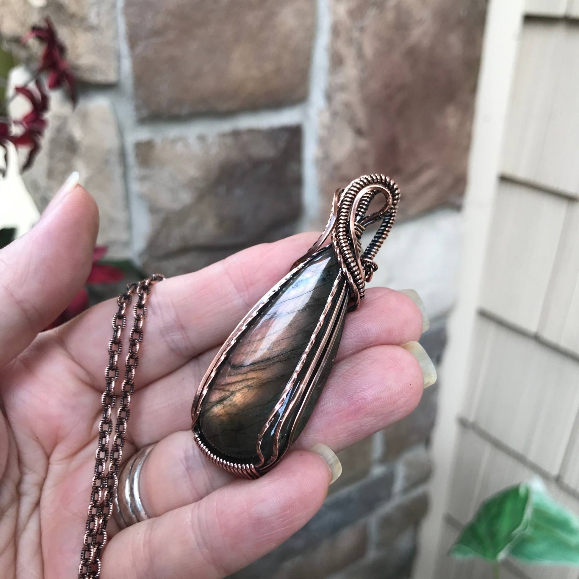 Orange amber purple labradorite slender copper wire wrapped pendant by Moonlet Jewelry