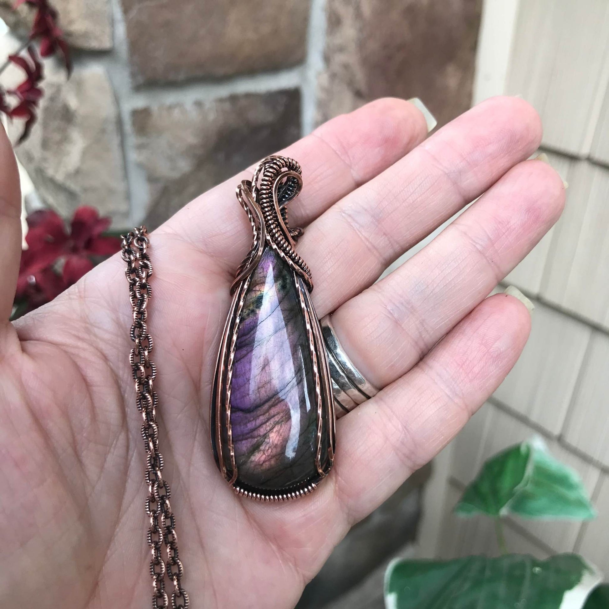 Orange amber purple labradorite slender copper wire wrapped pendant by Moonlet Jewelry