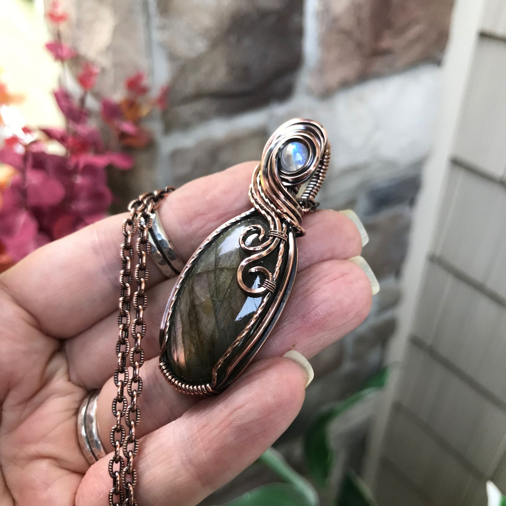 Purple Pink Labradorite & Moonstone Copper Pendant