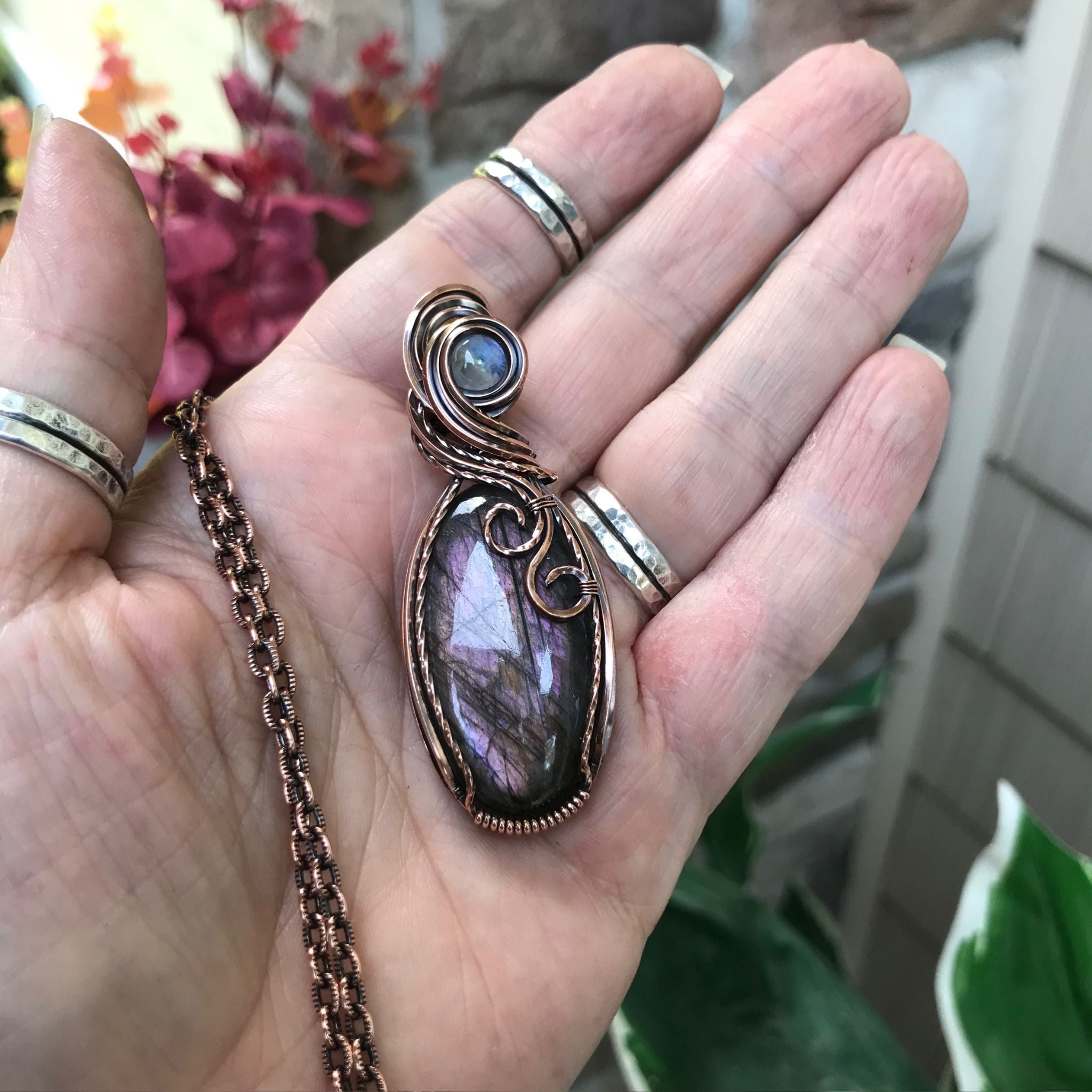 Purple Pink Labradorite & Moonstone Copper Pendant