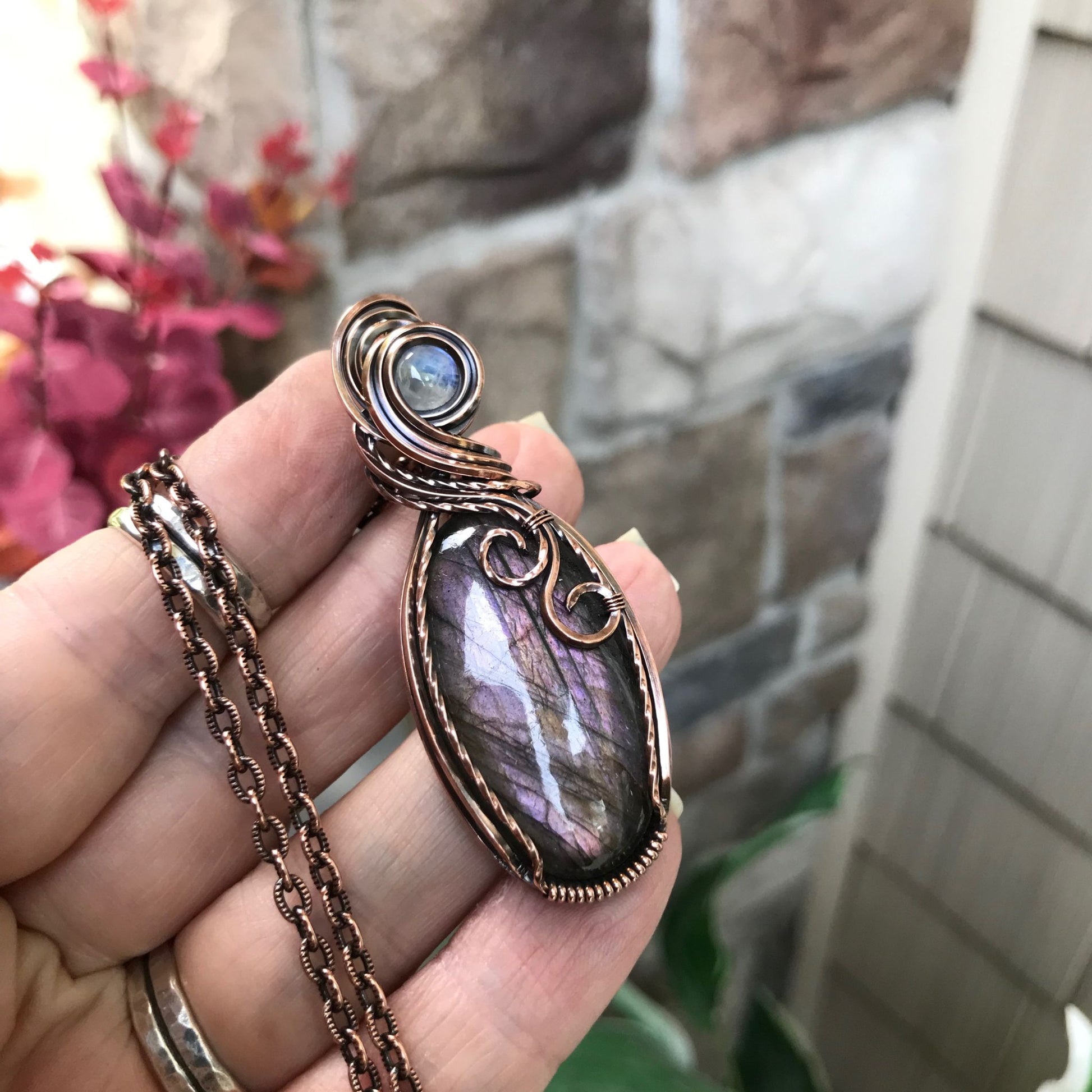 Purple Pink Labradorite & Moonstone Copper Pendant