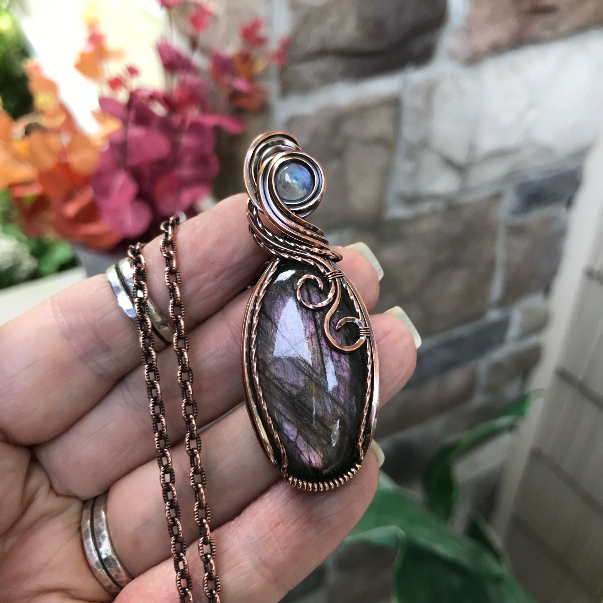 Purple Pink Labradorite & Moonstone Copper Pendant