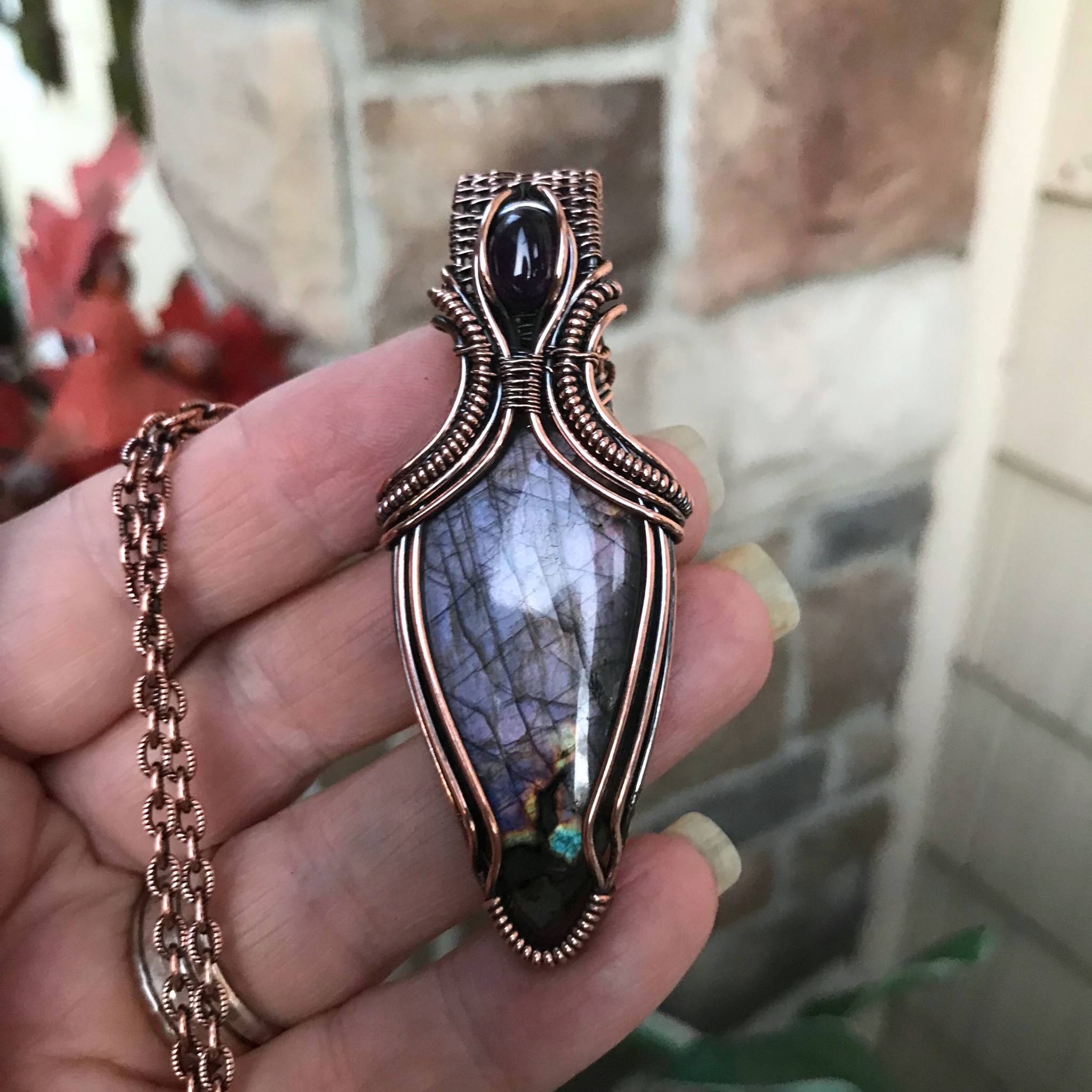 Purple labradorite and amethyst copper wire wrapped pendant