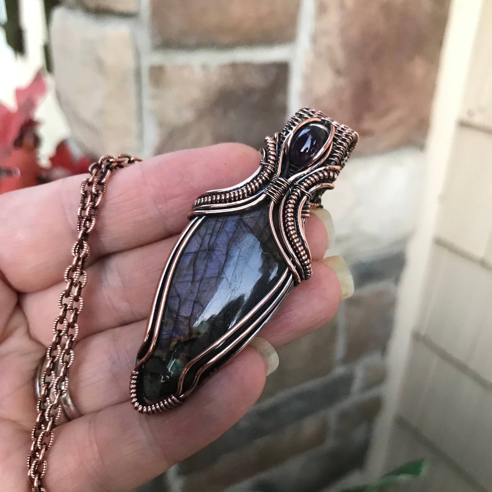 Purple Shimmer Labradorite & Amethyst Copper Necklace with Woven Bail