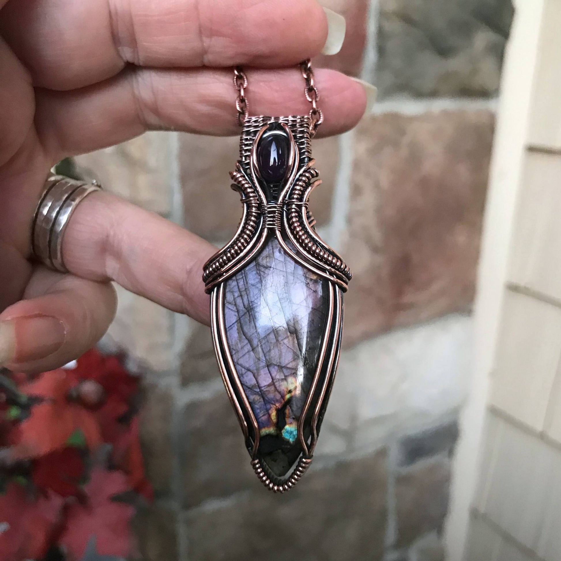 Purple Shimmer Labradorite & Amethyst Copper Necklace with Woven Bail
