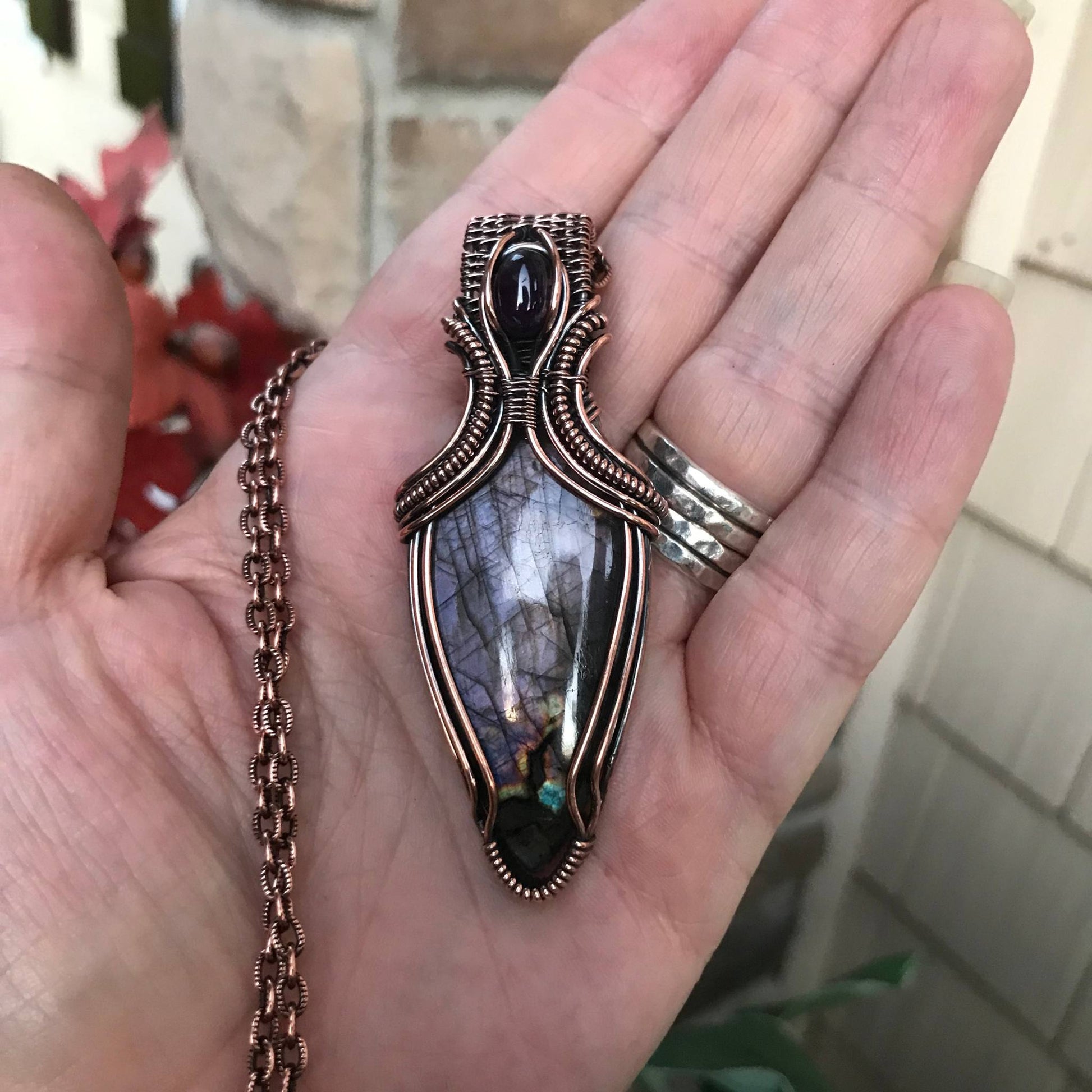 Purple Shimmer Labradorite & Amethyst Copper Necklace with Woven Bail