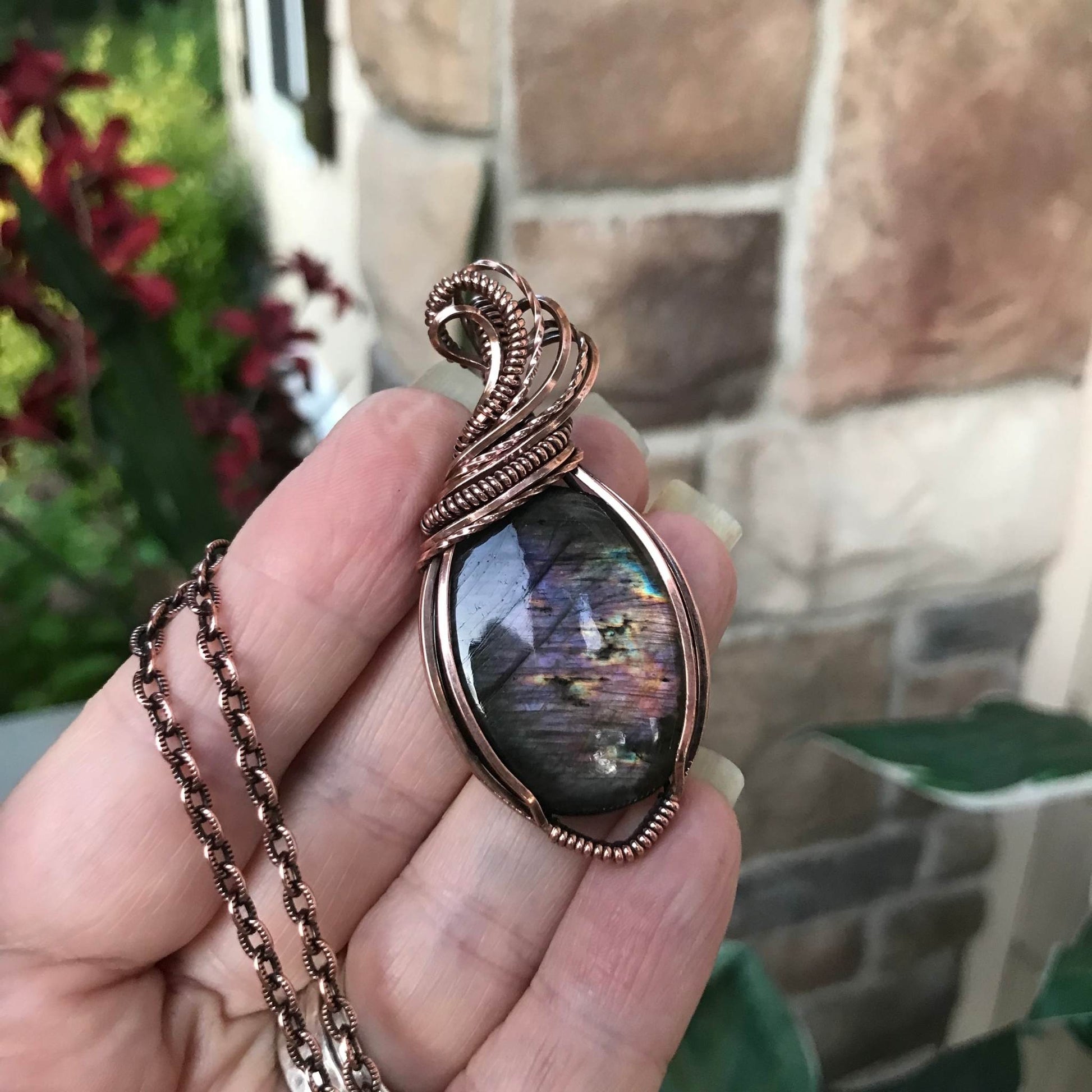 Purple pink labradorite copper wire wrapped pendant by Moonlet Jewelry
