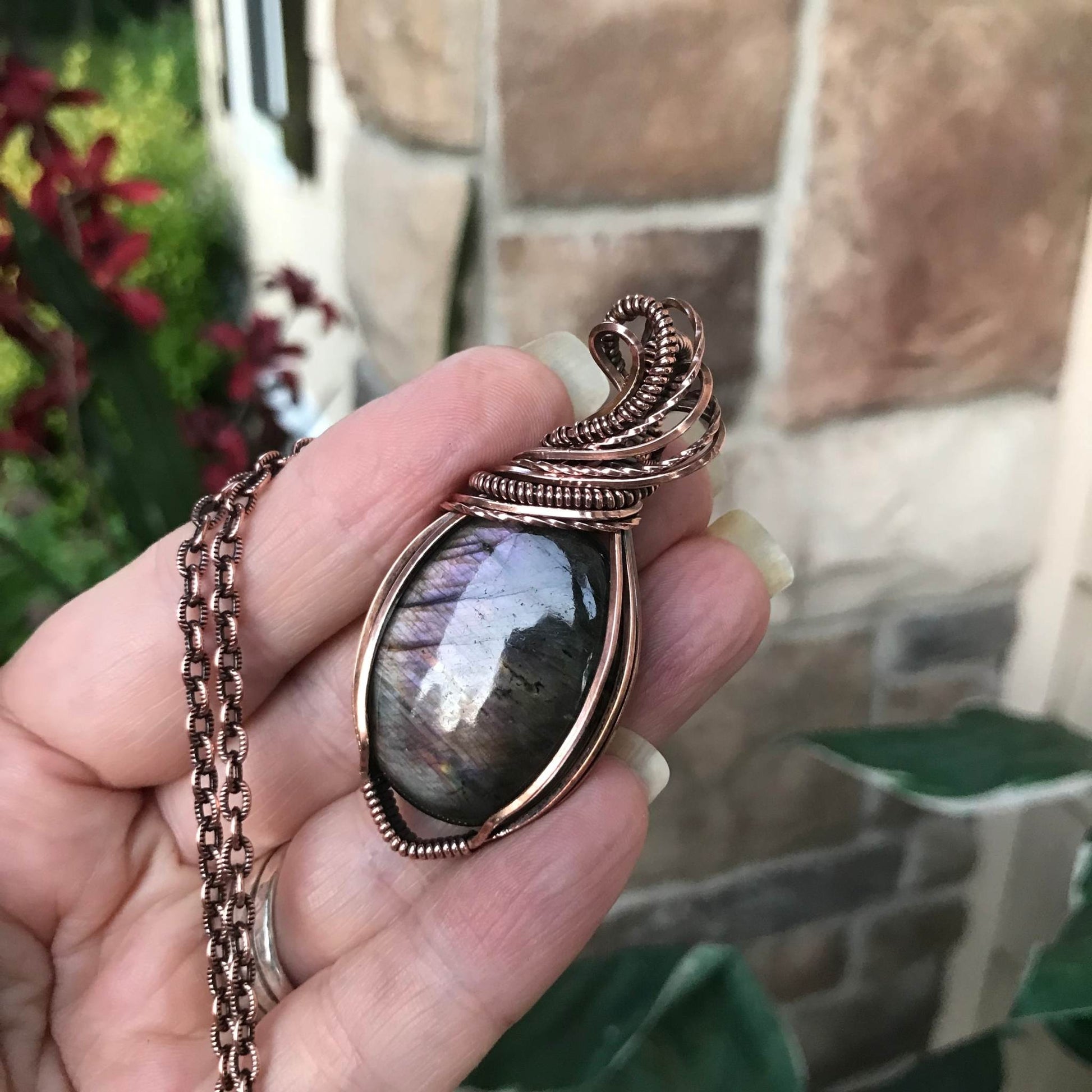 Purple pink labradorite copper wire wrapped pendant by Moonlet Jewelry