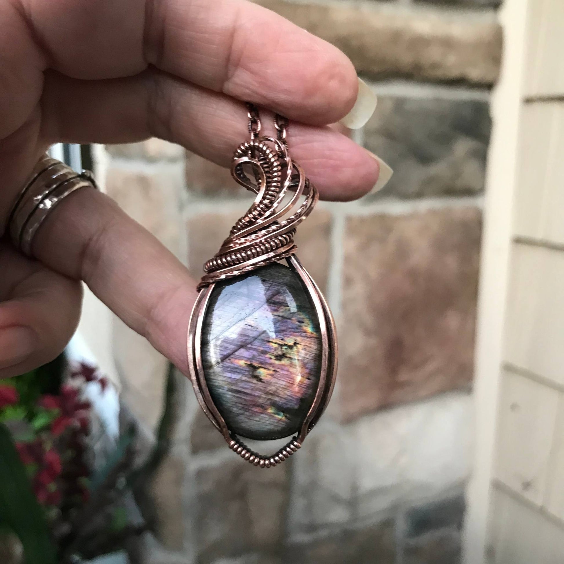 Purple pink labradorite copper wire wrapped pendant by Moonlet Jewelry