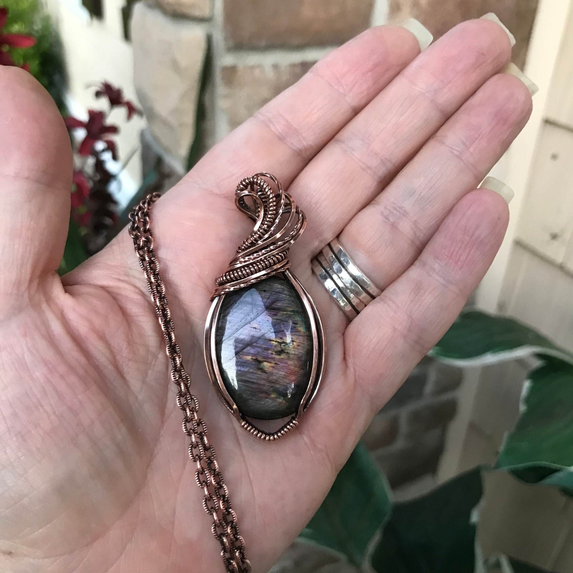 Purple pink labradorite copper wire wrapped pendant by Moonlet Jewelry