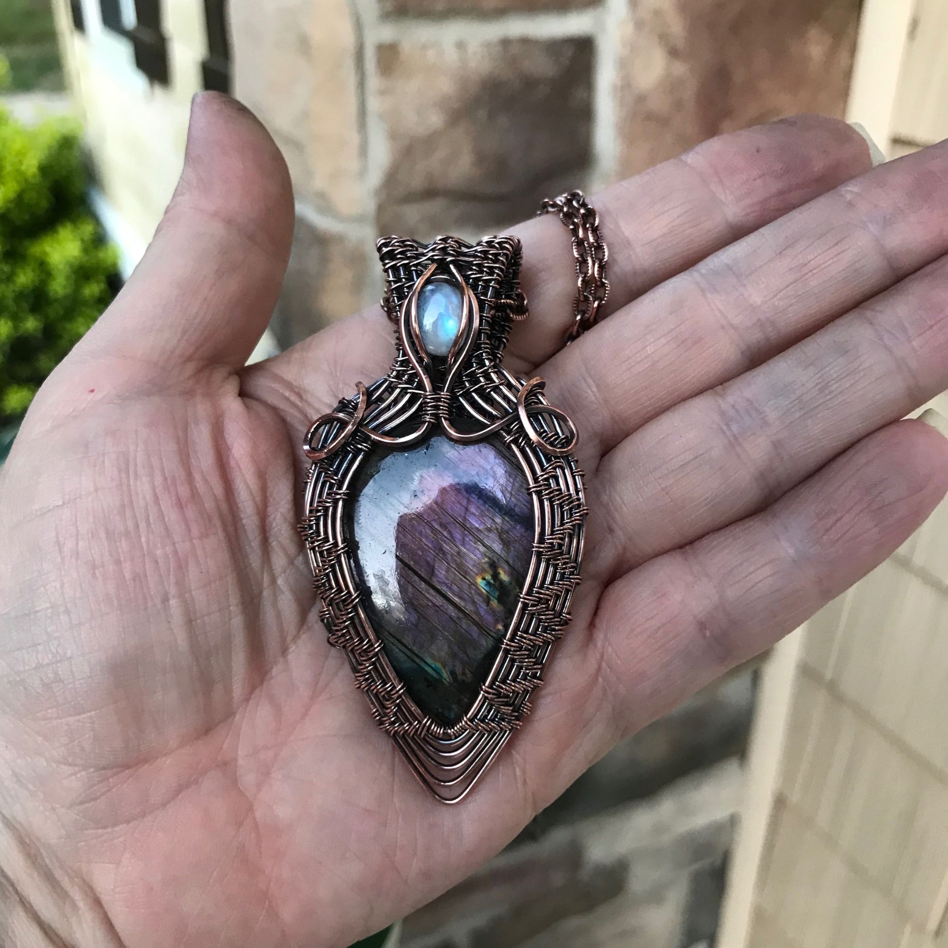 Purple Labradorite & Moonstone Wire Weave Copper Pendant
