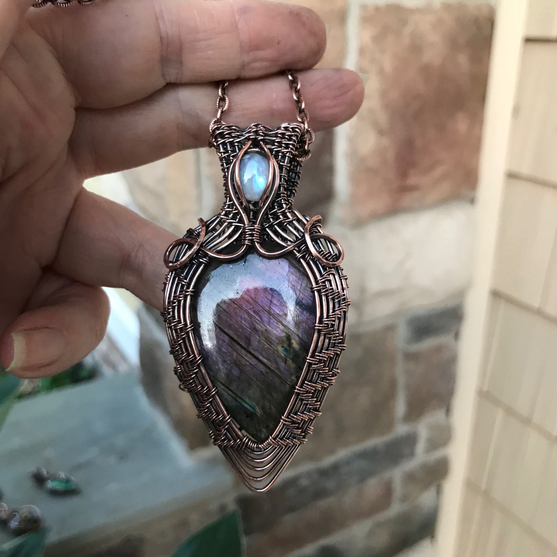 Purple Labradorite & Moonstone Wire Weave Copper Pendant